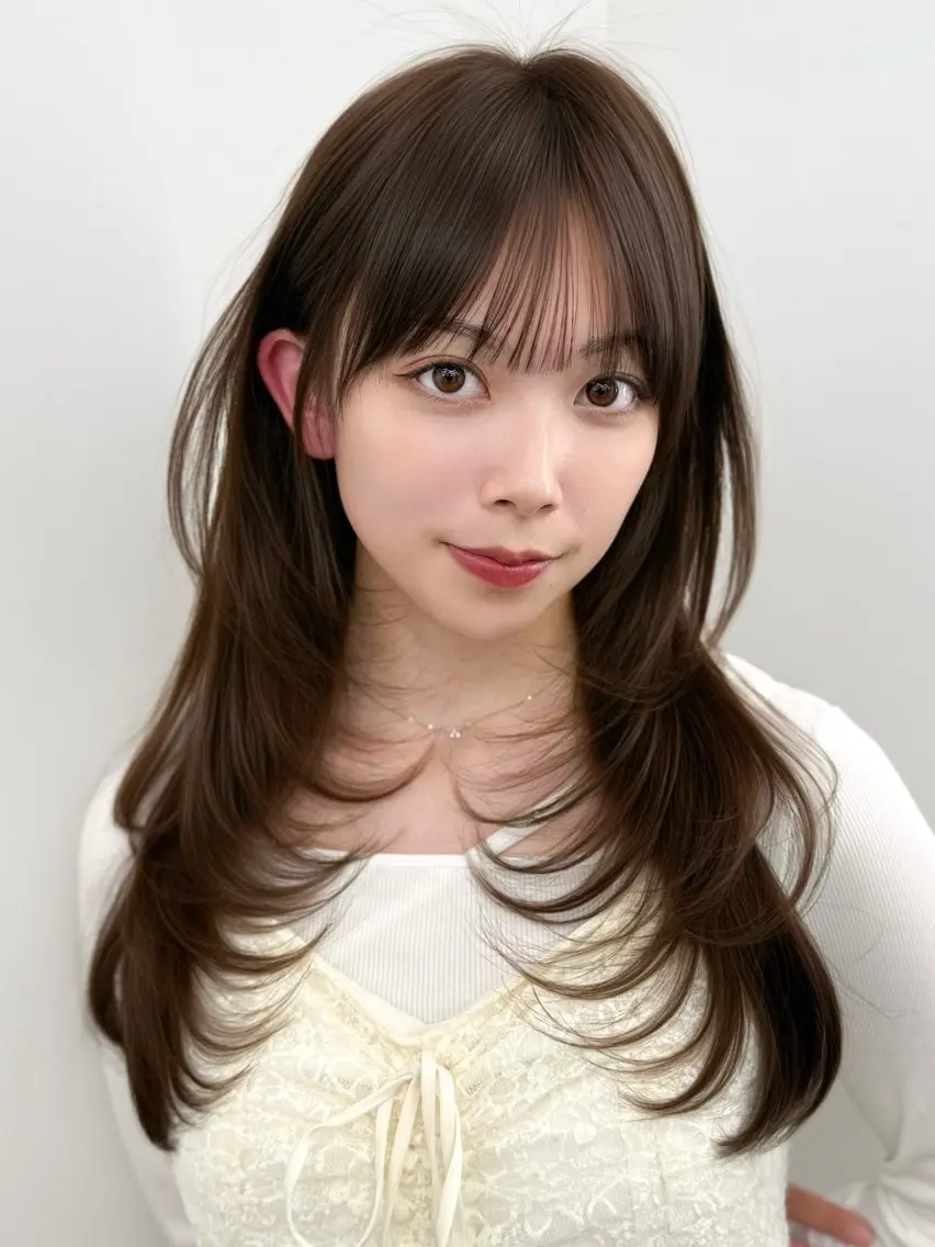 セミロング 韓国風ヘア レイヤーカット 割れない顔まわり× 小顔補正レイヤー難波のヘアスタイル