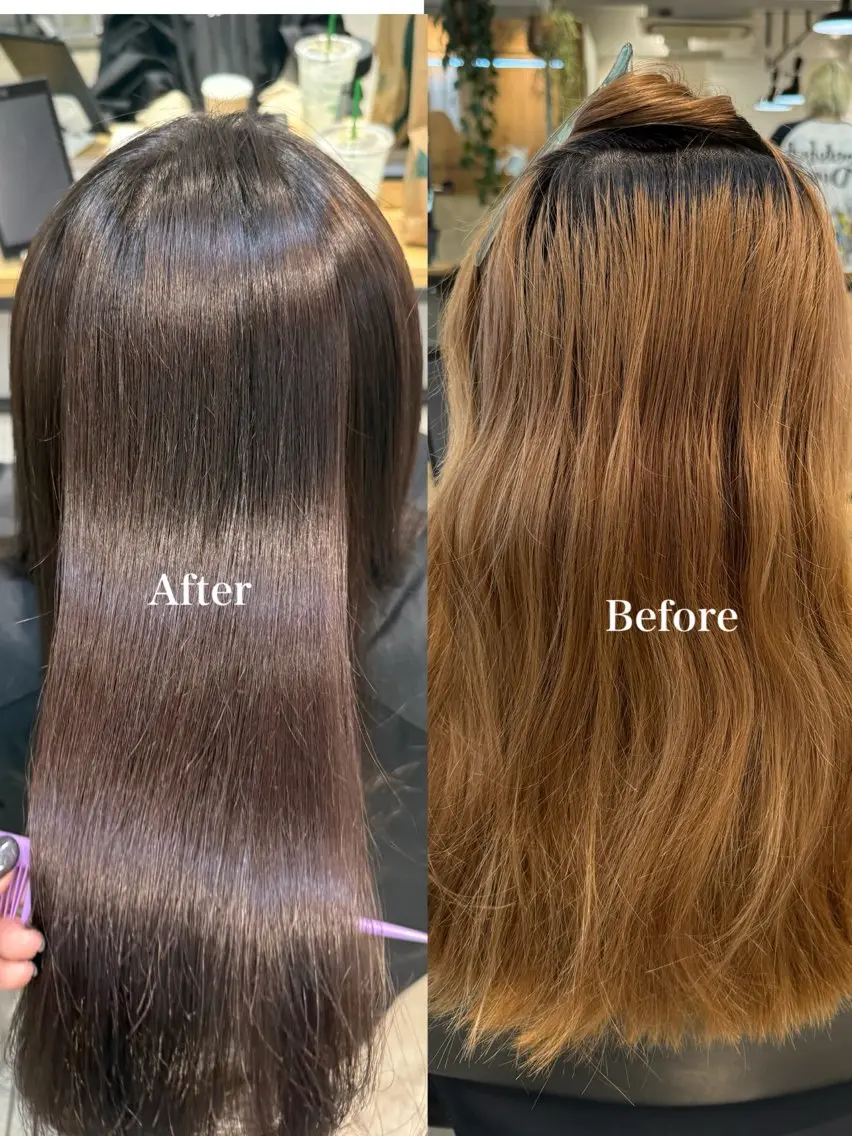 ロング カット 縮毛矯正 トリートメント ミルクティー× グレージュMOMOのヘアスタイル