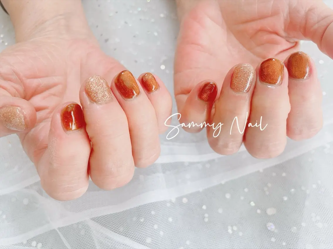 ネイル ブラウン オレンジ ハンドネイル Sammy Nailのネイルデザイン