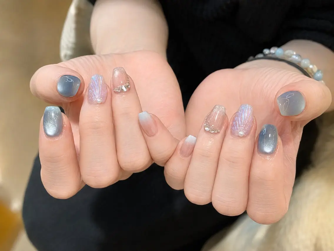 ネイル オーロラネイル チークネイル 長さ出し フレンチネイル ジェルネイル Sun Nail linaのネイルデザイン