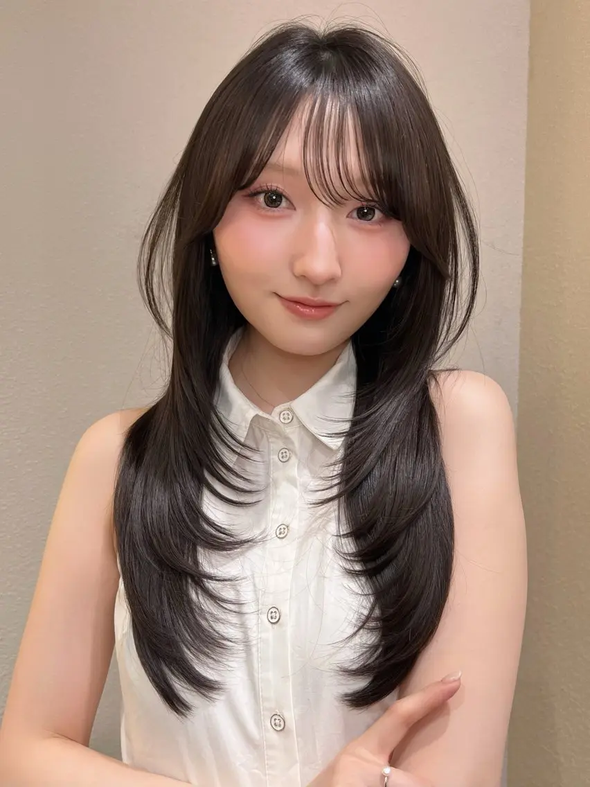 ロング カラー カット ヘアカラー トリートメント 興津/レイヤー/韓国 透明感カラー縮毛のヘアスタイル