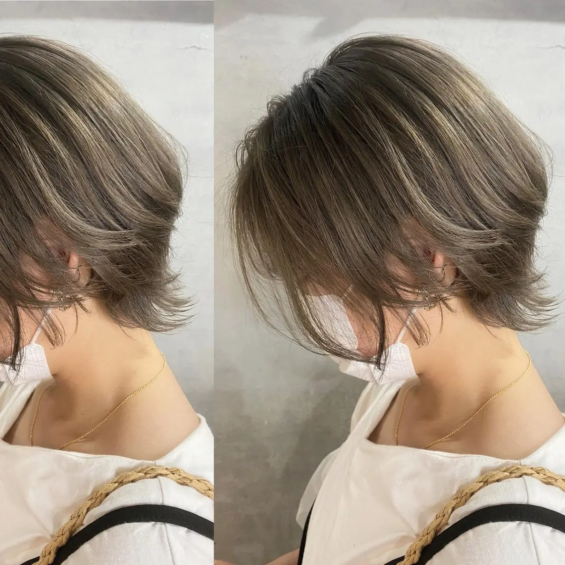 ミディアム カラー グレージュ カット ヘアカラー トリートメント ツキノキ ミナのヘアスタイル