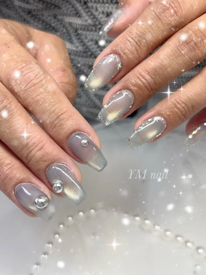 ネイル ラメ(グリッター) 水色 マグネットネイル ハンドネイル YM nailのネイルデザイン