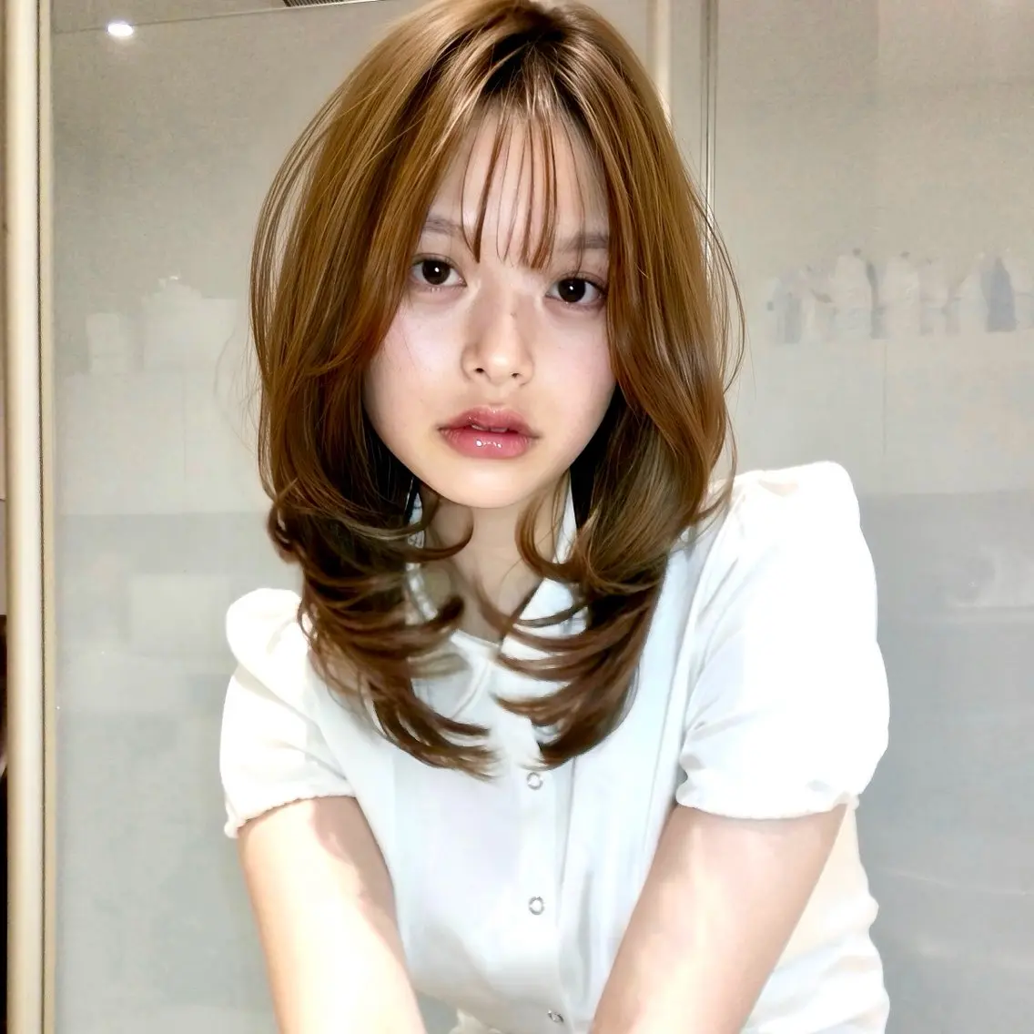 ミディアム 顔まわりレイヤー レイヤーカット カット ヘアカラー トリートメント みずき/レイヤー ワンカールのヘアスタイル