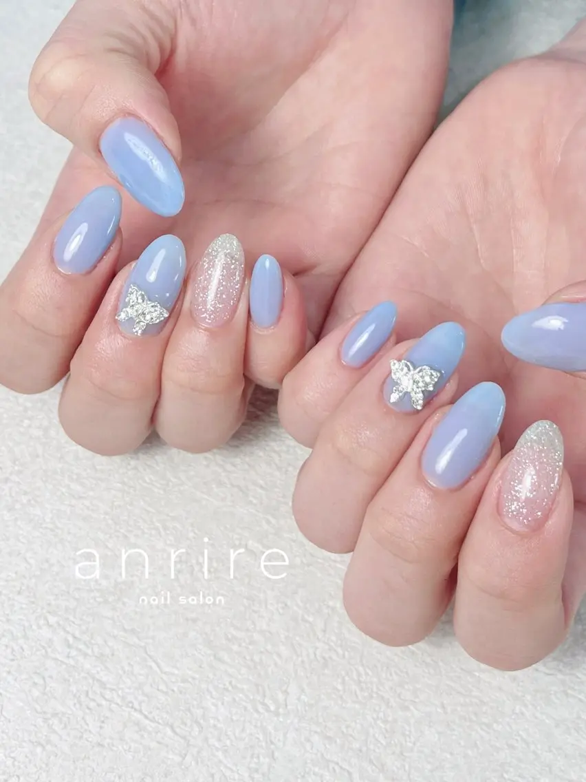 ネイル ブルー フラッシュネイル ジェルネイル キラキラネイル ワンカラーネイル ハンドネイル nailsalon anrireのネイルデザイン