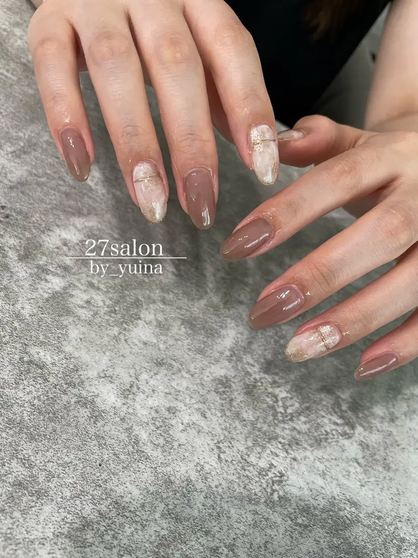 ネイル ブラウン ピンク ハンドネイル 27salon yuinaのネイルデザイン