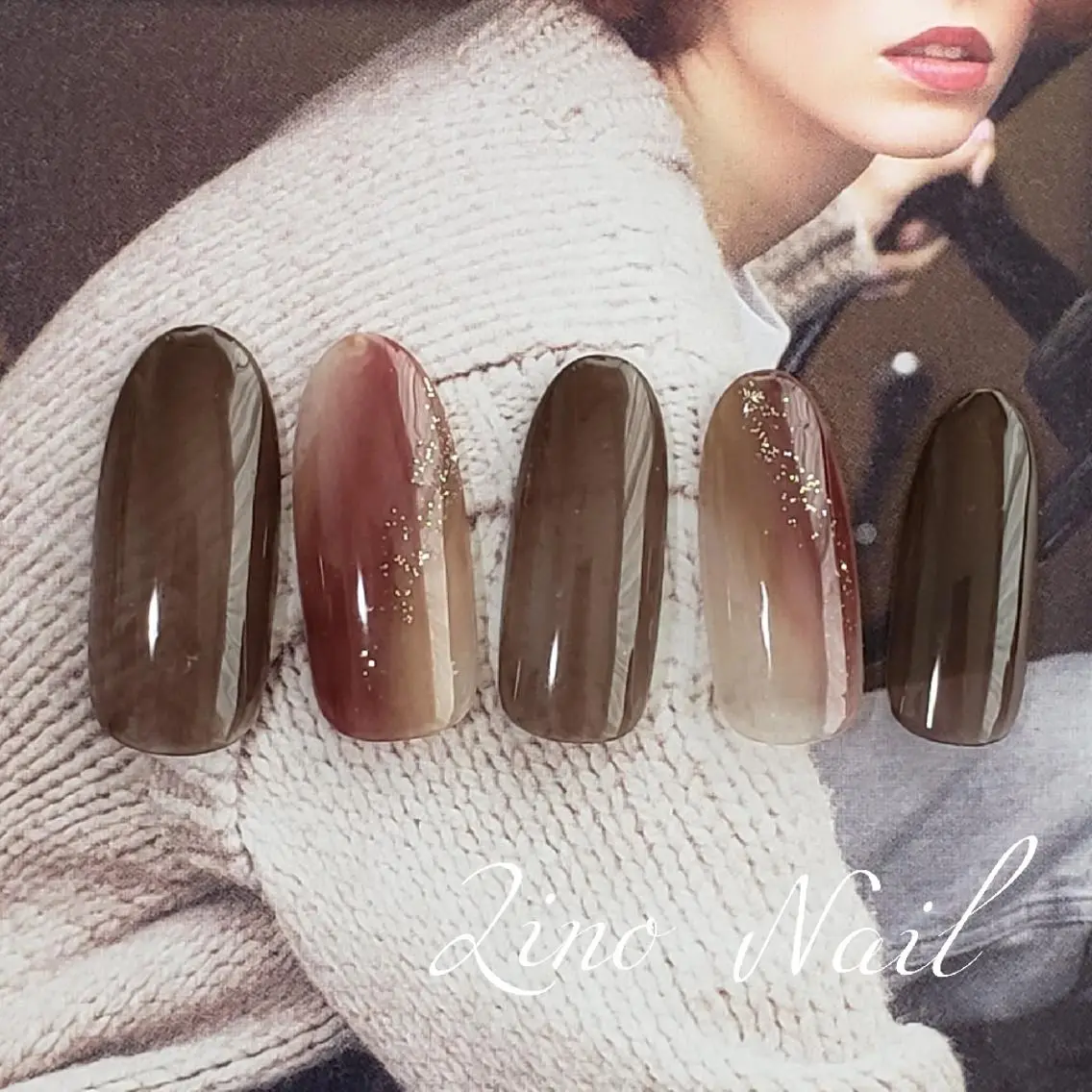 ネイル ボルドー ブラウン カジュアル ジェルネイル ラメ(グリッター) ハンドネイル Lino Nailのネイルデザイン
