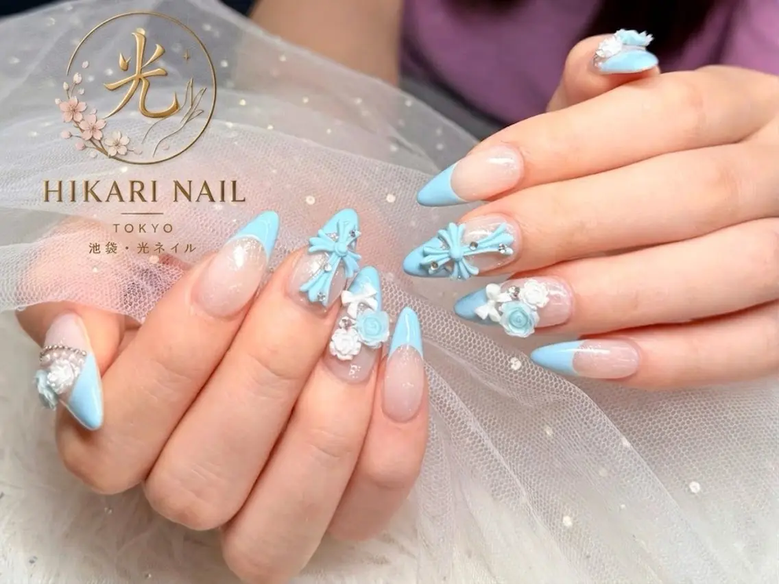 ネイル チークネイル 長さ出し フレンチネイル ガーリー ハート ハンドネイル HikariNail Ikebukuroのネイルデザイン