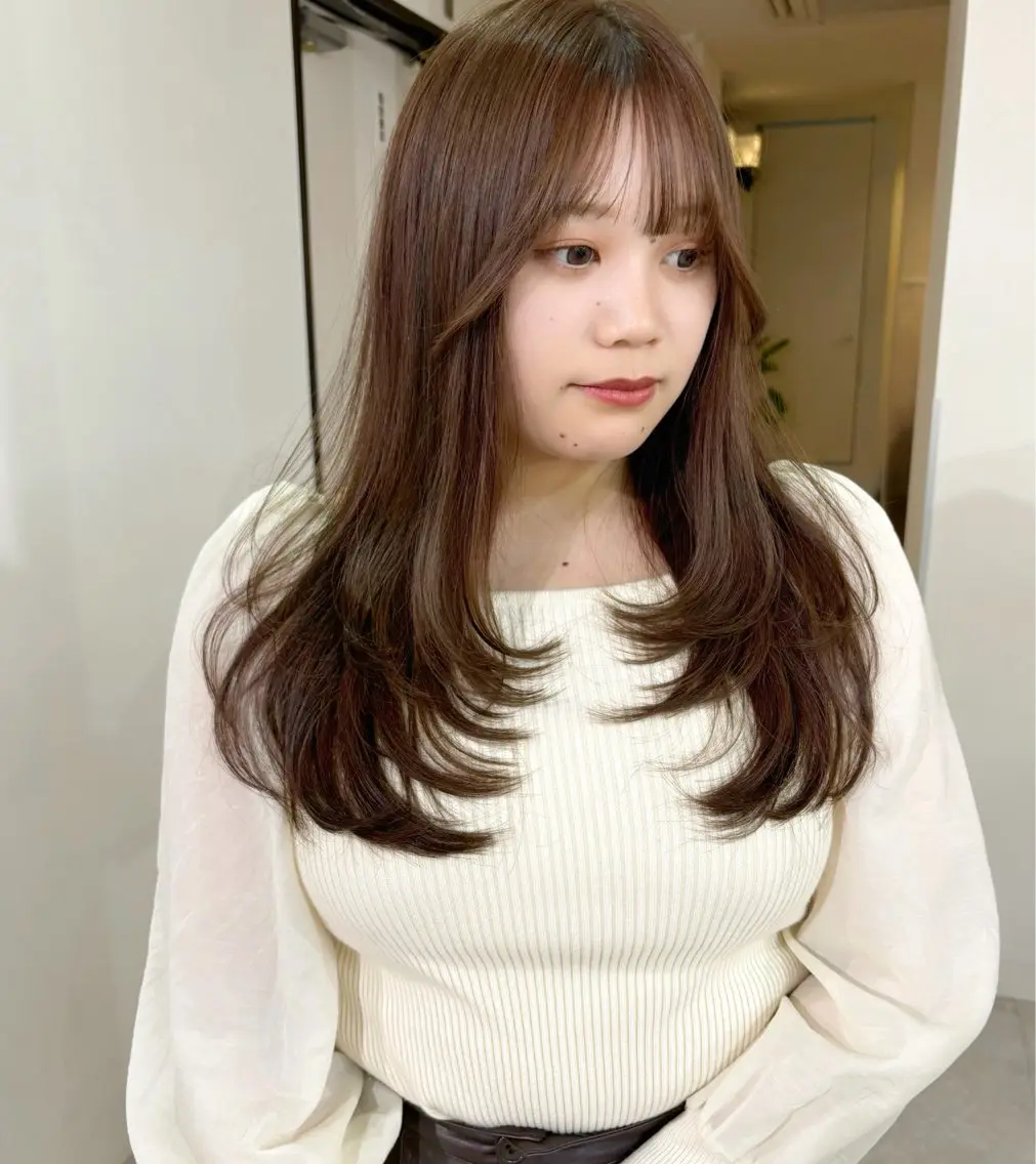 ロング カラー ベージュカラー ブリーチ 透明感カラー ブリーチなしカラー レイヤーカット カット ヘアカラー mizuki/ピンク ベージュ.レイヤーのヘアスタイル