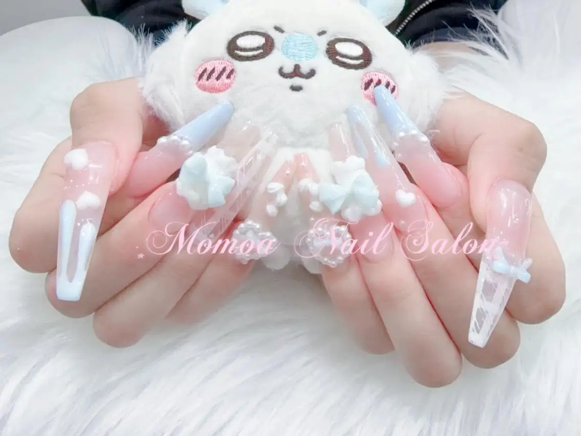 ネイル 成人式 大理石ネイル(マーブル) リボン 夏ネイル ネイルチップ MoMoA Nail ネイル長さ出し専門店のネイルデザイン