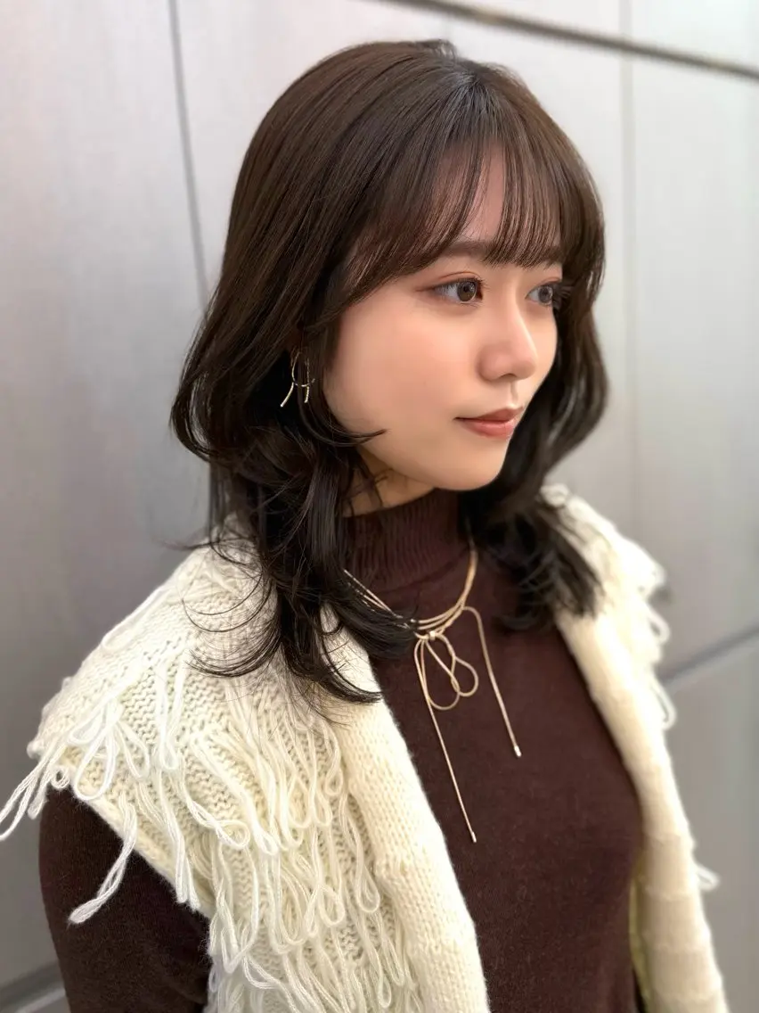 ミディアム カット ヘアカラー トリートメント ✨コテ巻き風パーマ ✨川合佑哉のヘアスタイル