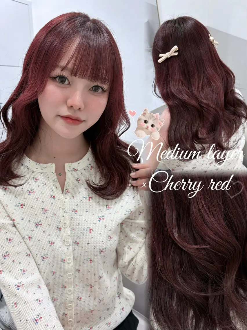 ミディアム カラー ミディアムレイヤー レッドカラー レイヤーカット ヘアカラー ミディアムレイヤー/ 艶カラーNorikaのヘアスタイル