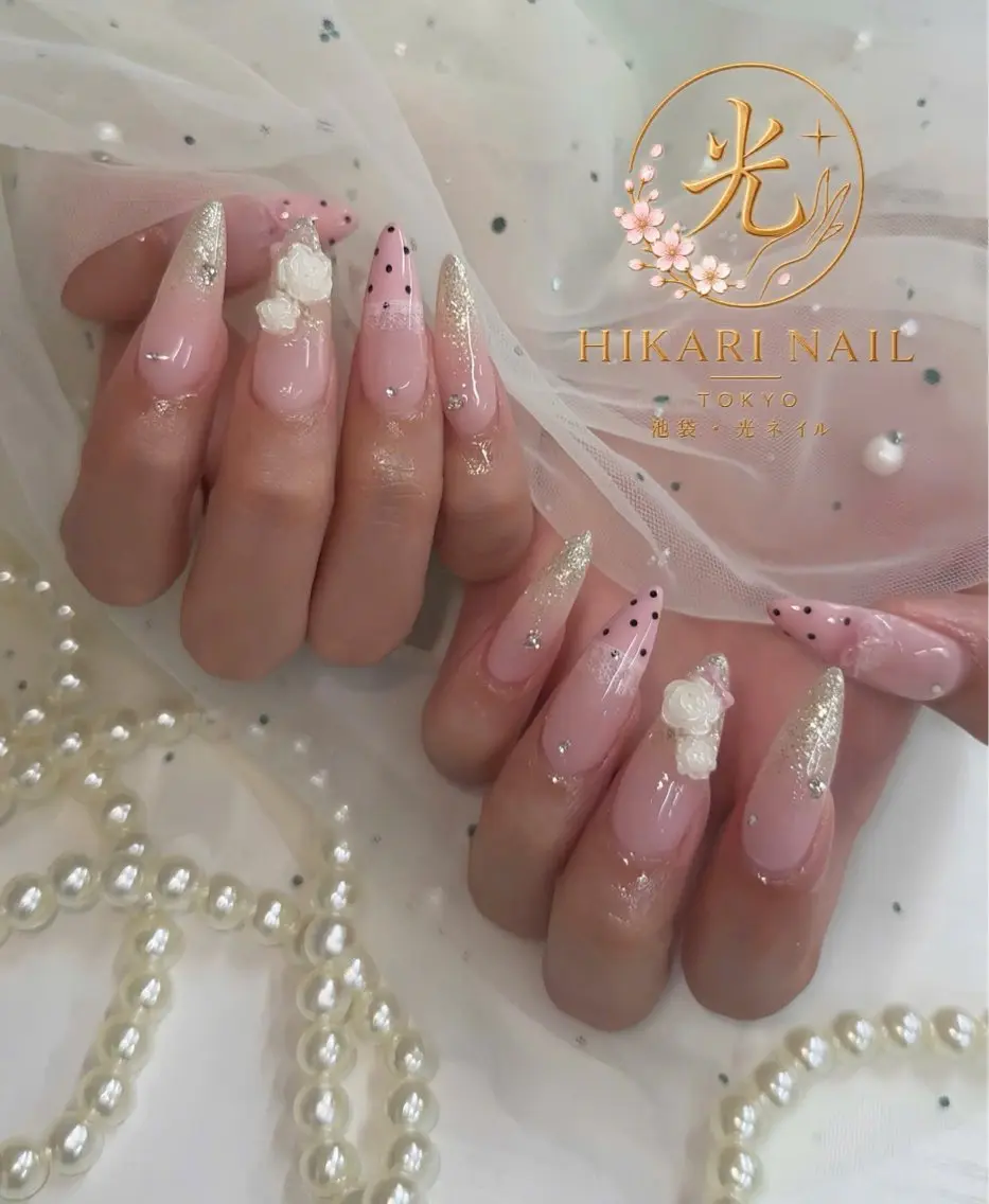 ネイル チークネイル 長さ出し フレンチネイル ガーリー ハート ハンドネイル HikariNail Ikebukuroのネイルデザイン