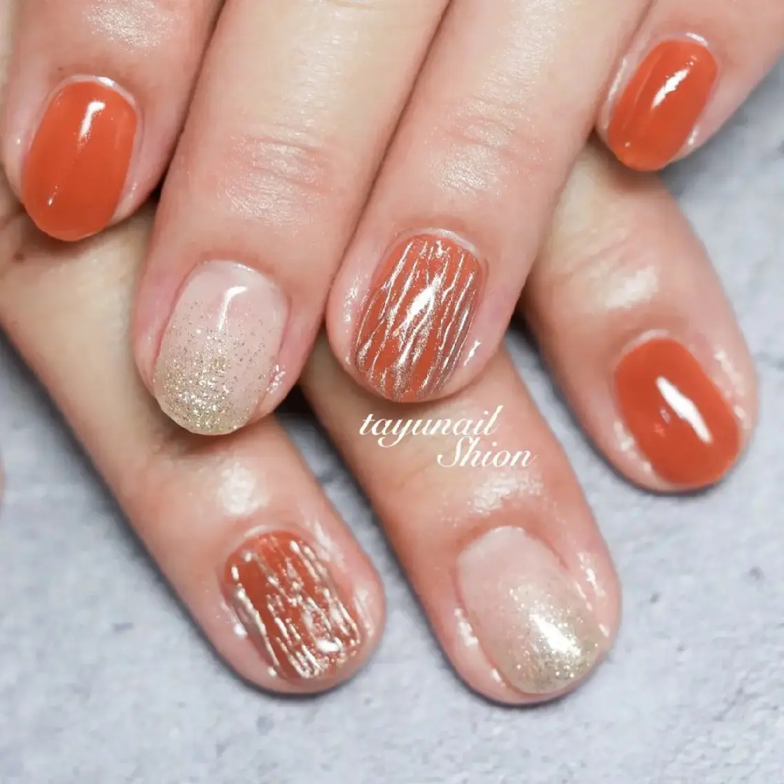 ネイル べっ甲ネイル ジェルネイル ミラーネイル オレンジ パラジェル ネイルサロン 【たゆnail】のネイルデザイン