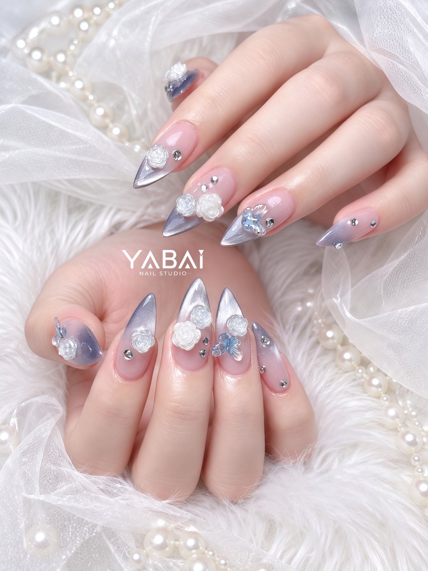 ネイル ブルー クリアネイル 韓国ネイル ロングネイル マグネットネイル ハンドネイル YABAI NailStudioのネイルデザイン