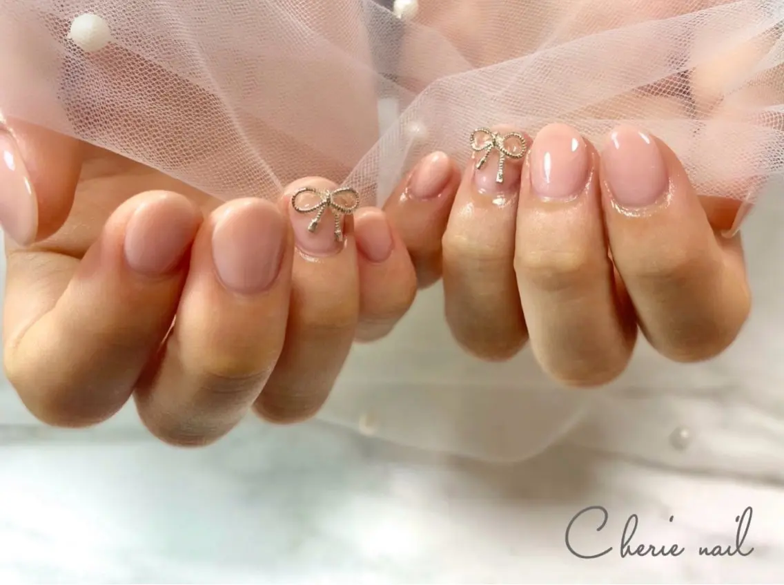 ネイル ジェルネイル オフィスネイル ワンカラーネイル ピンク リボン Cherienail yunaのネイルデザイン