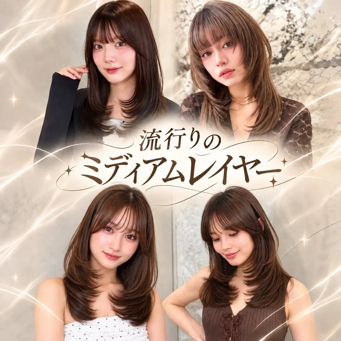 ミディアム カラー ヘアアレンジ ミディアムレイヤー ブリーチ ダブルカラー ブリーチなしカラー くびれヘア カット トリートメント ヘアセット ブリーチ毛対応美髪 矯正×レイヤー/二響のヘアスタイル
