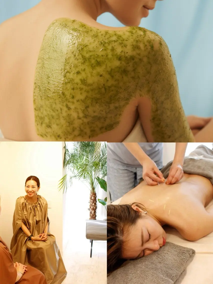 【(背中毛穴洗浄☝︎+酸ピーリング+🌿ハーブピーリング)首肩こり鍼+よもぎ蒸しor頭皮鍼】年中人気の豪華セット特割🈹の写真