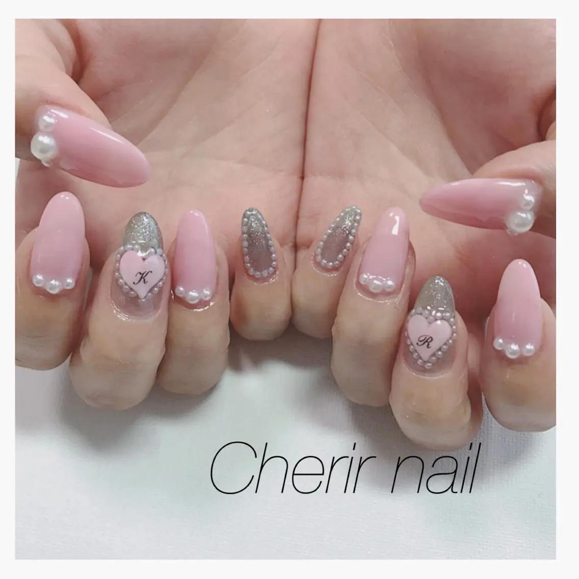 ネイル ハート ラメ(グリッター) ピンク ハンドネイル Cherirnail kaoriのネイルデザイン
