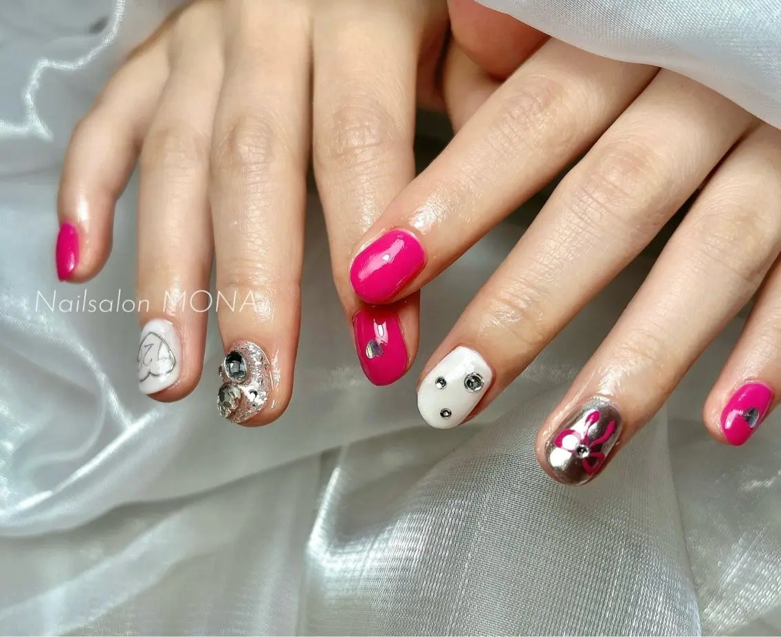 ネイル ピンク リボン ハンドネイル Nailsalon MONA.のネイルデザイン