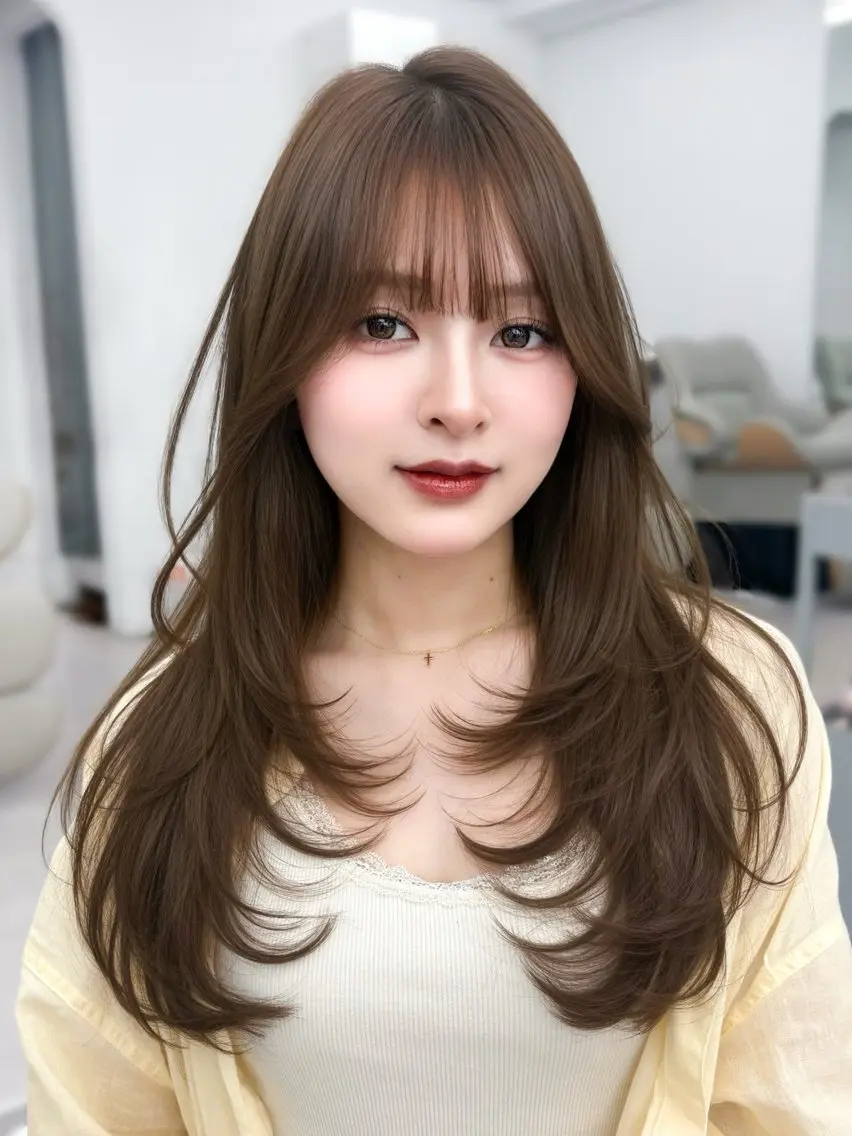ロング ロングレイヤー 韓国風ヘア レイヤーカット ロング 小顔カット 韓国ヘア／レイヤー／ 顔周り🎀もかのヘアスタイル