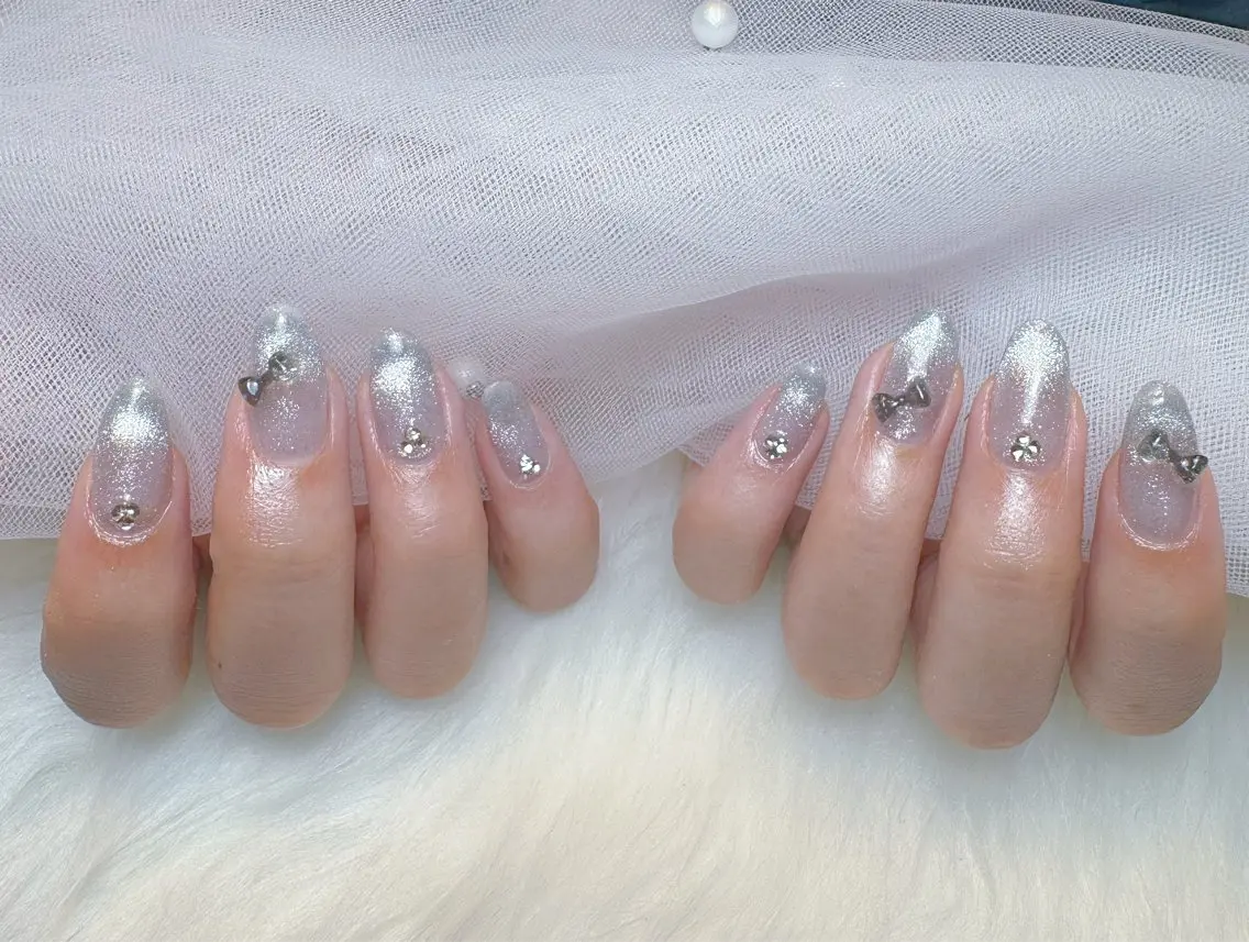 ネイル ブルー フレンチネイル 韓国ネイル ラメ(グリッター) マグネットネイル ハンドネイル Nail Salon K&Rのネイルデザイン