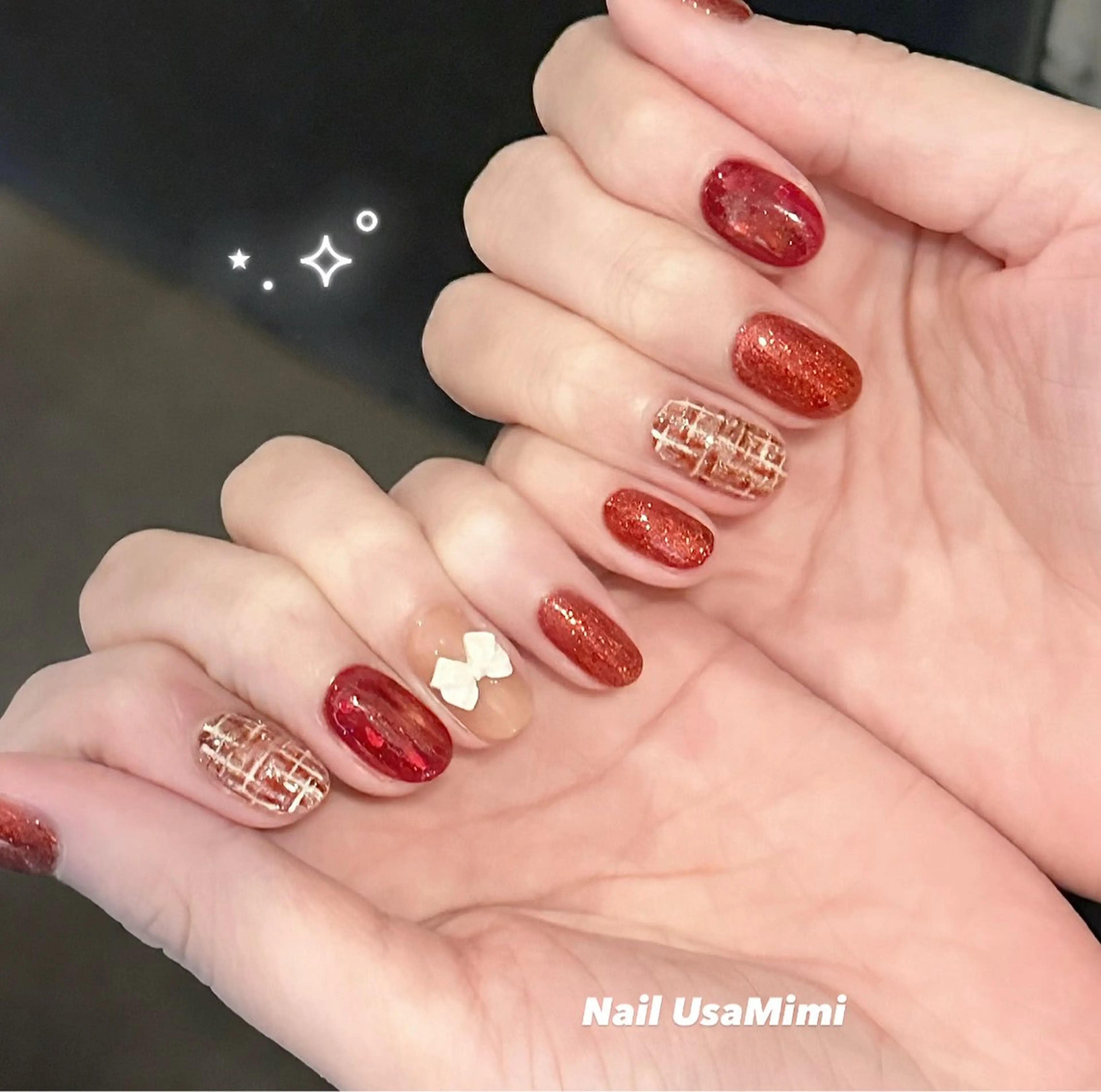 ネイル アートネイル 赤色 ツイードネイル 冬ネイル ハンドネイル 本町NailUsaM imi MOMOKAのネイルデザイン