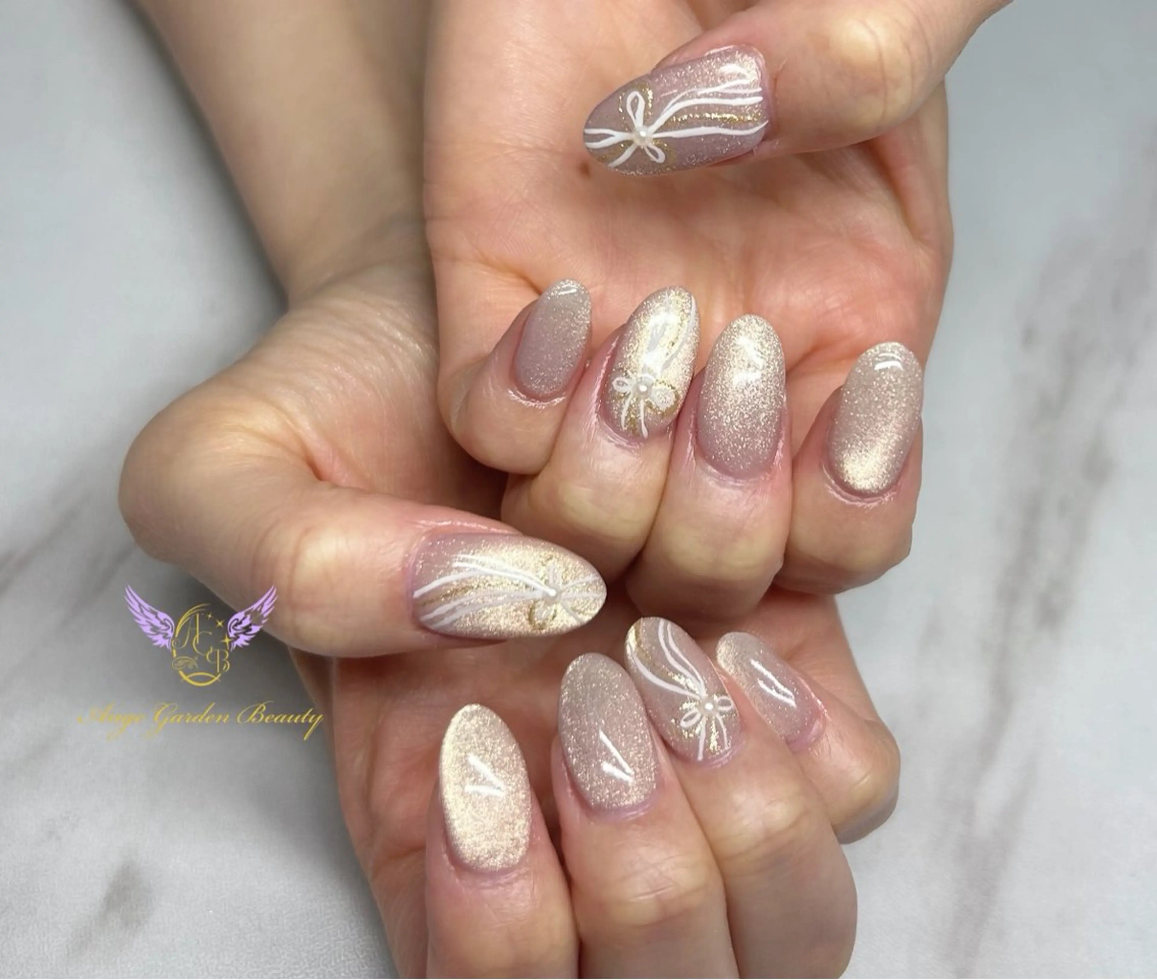 ネイル アートネイル ゴールド ラメ(グリッター) マグネットネイル ピンク ハンドネイル AngeGarden Beautymihoのネイルデザイン