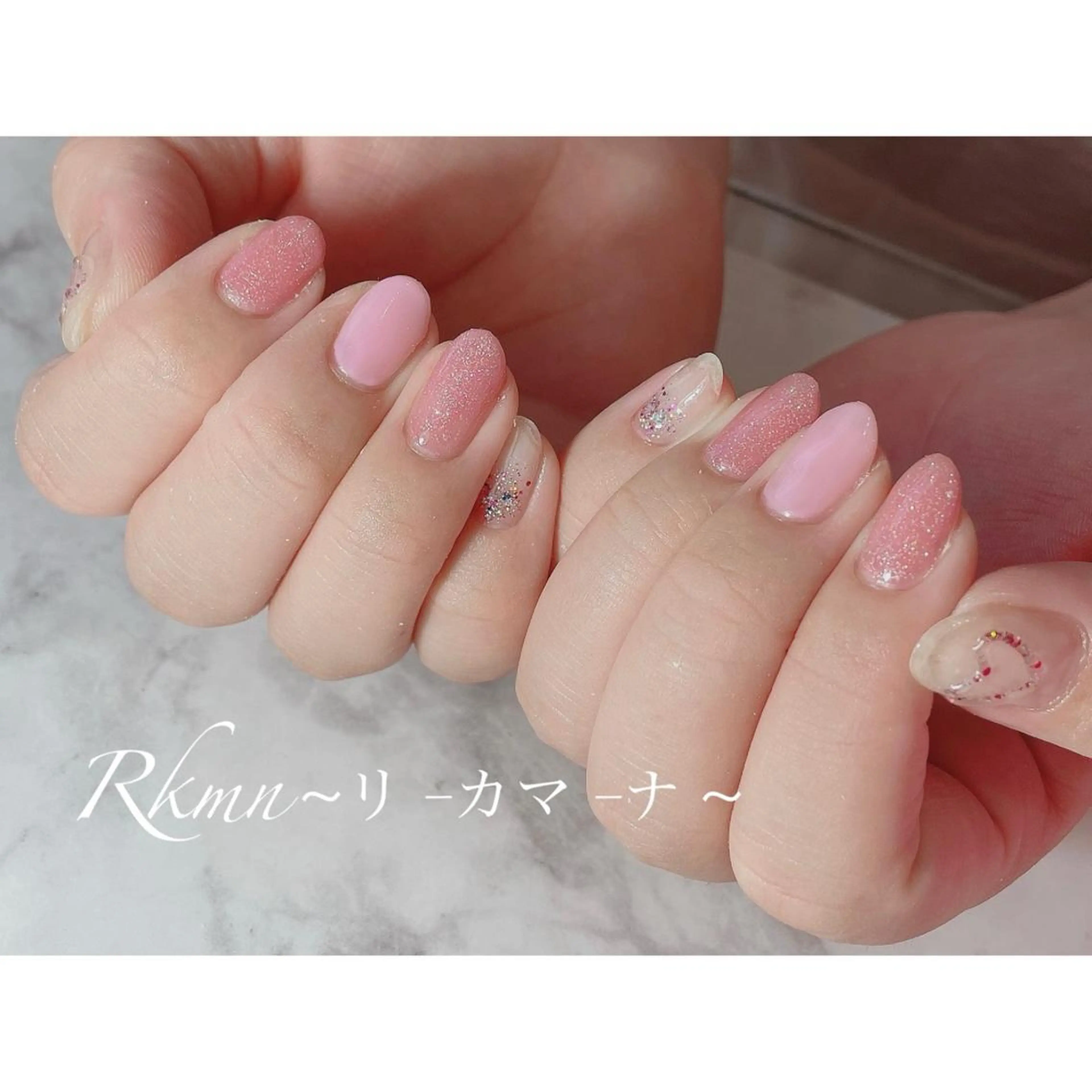 ネイル アートネイル ハート ラメ(グリッター) ピンク ぷっくりネイル ハンドネイル フットネイル ハンドケア Rkmn ~リ-カマ-ナ~のネイルデザイン