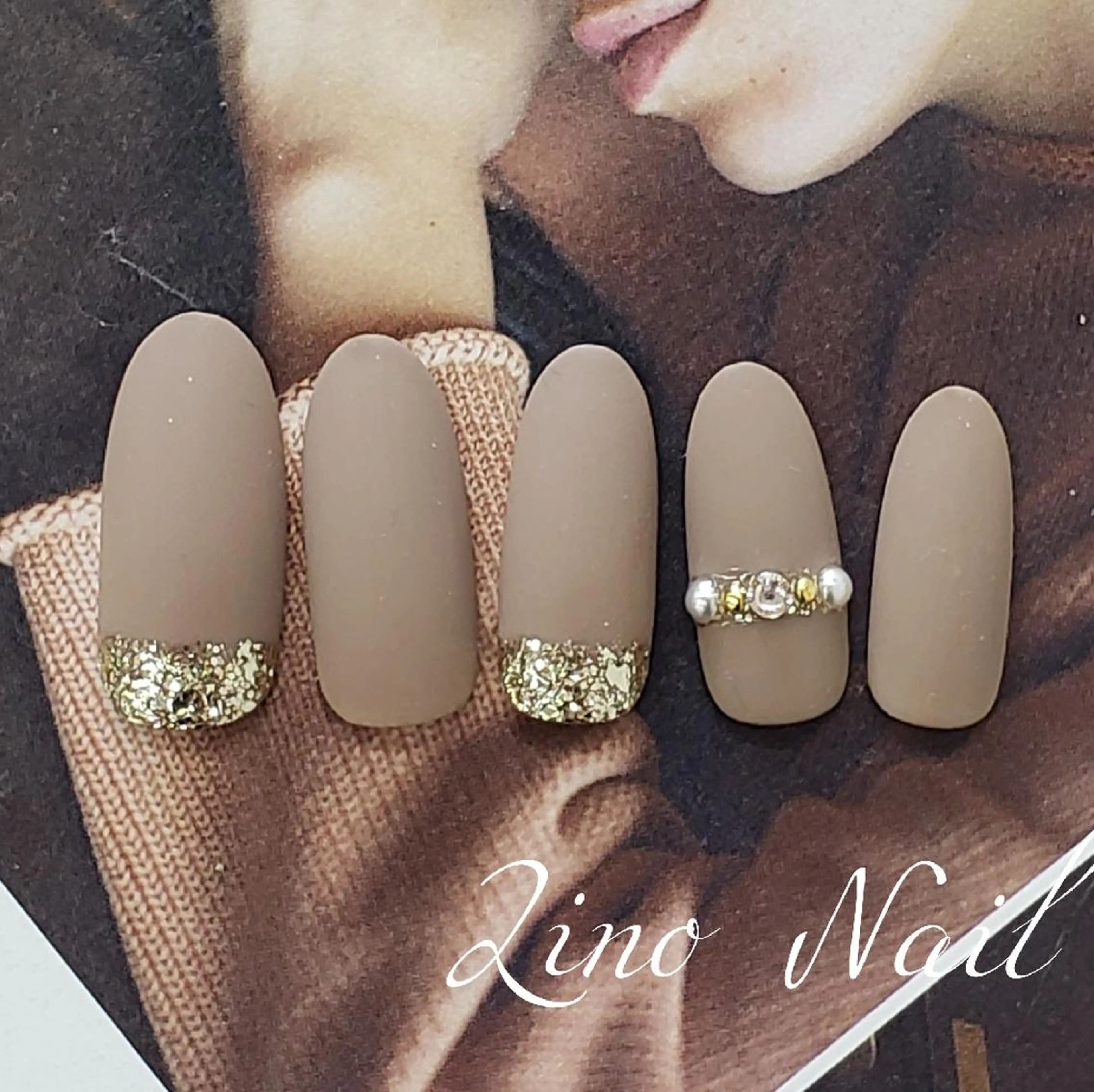 ネイル ブラウン カジュアル ジェルネイル キラキラネイル ラメ(グリッター) ハンドネイル Lino Nailのネイルデザイン