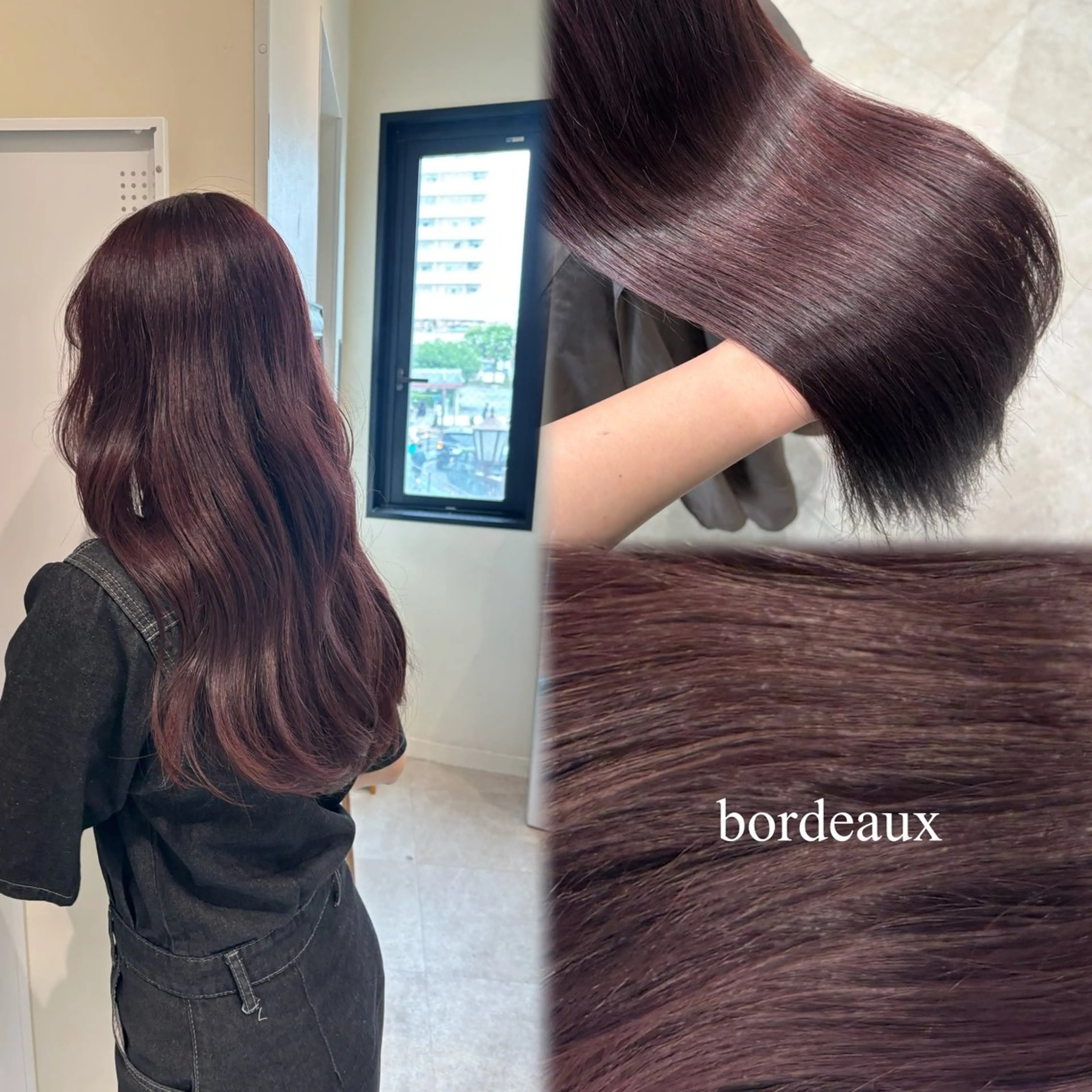 ロング カラー ブリーチ ボルドーカラー 透明感カラー ブリーチなしカラー 垢抜け小顔レイヤー オリーブ/スミレのヘアスタイル