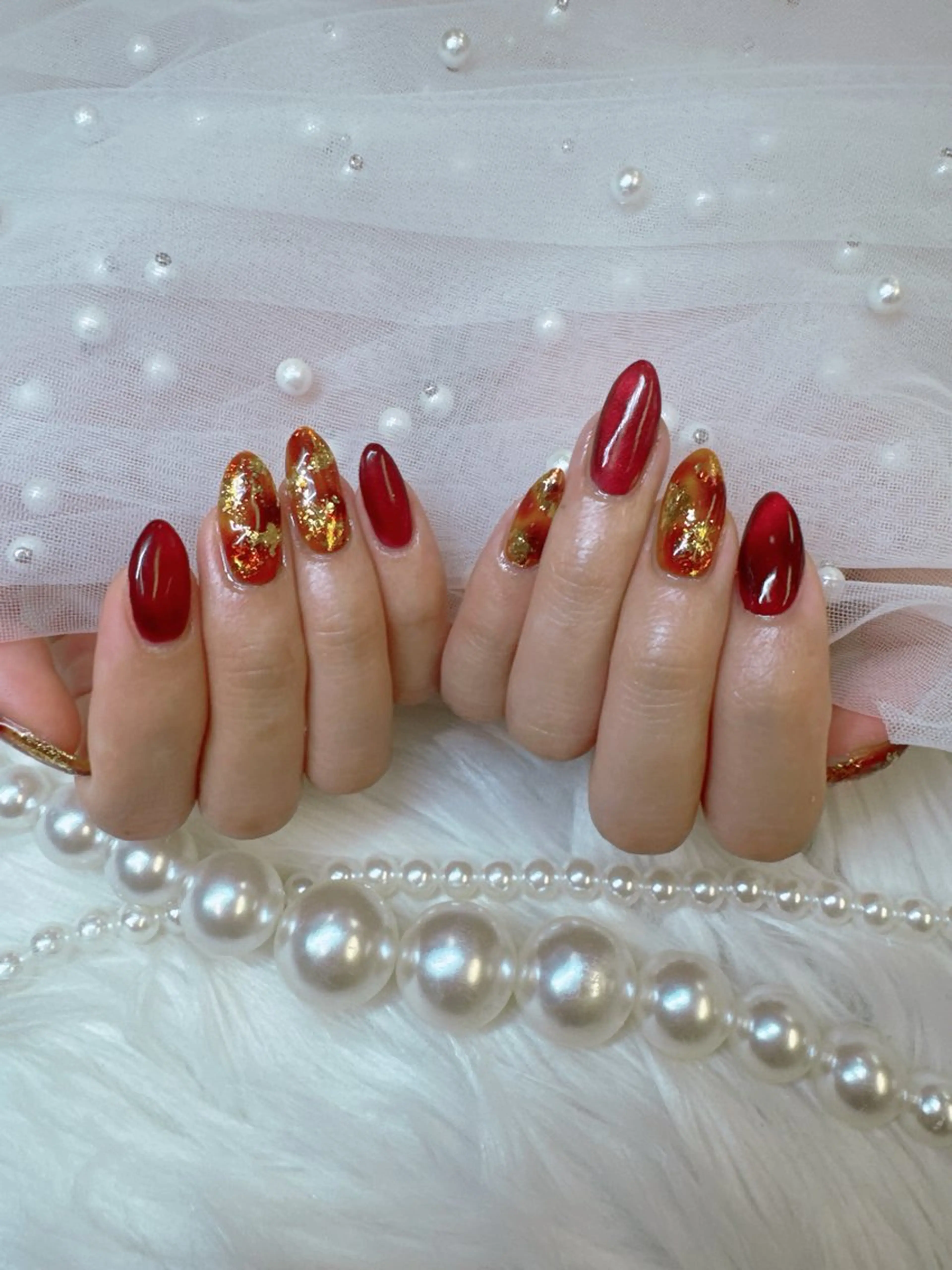 ネイル アートネイル べっ甲ネイル ボルドー チークネイル フレンチネイル Queeens nailのネイルデザイン