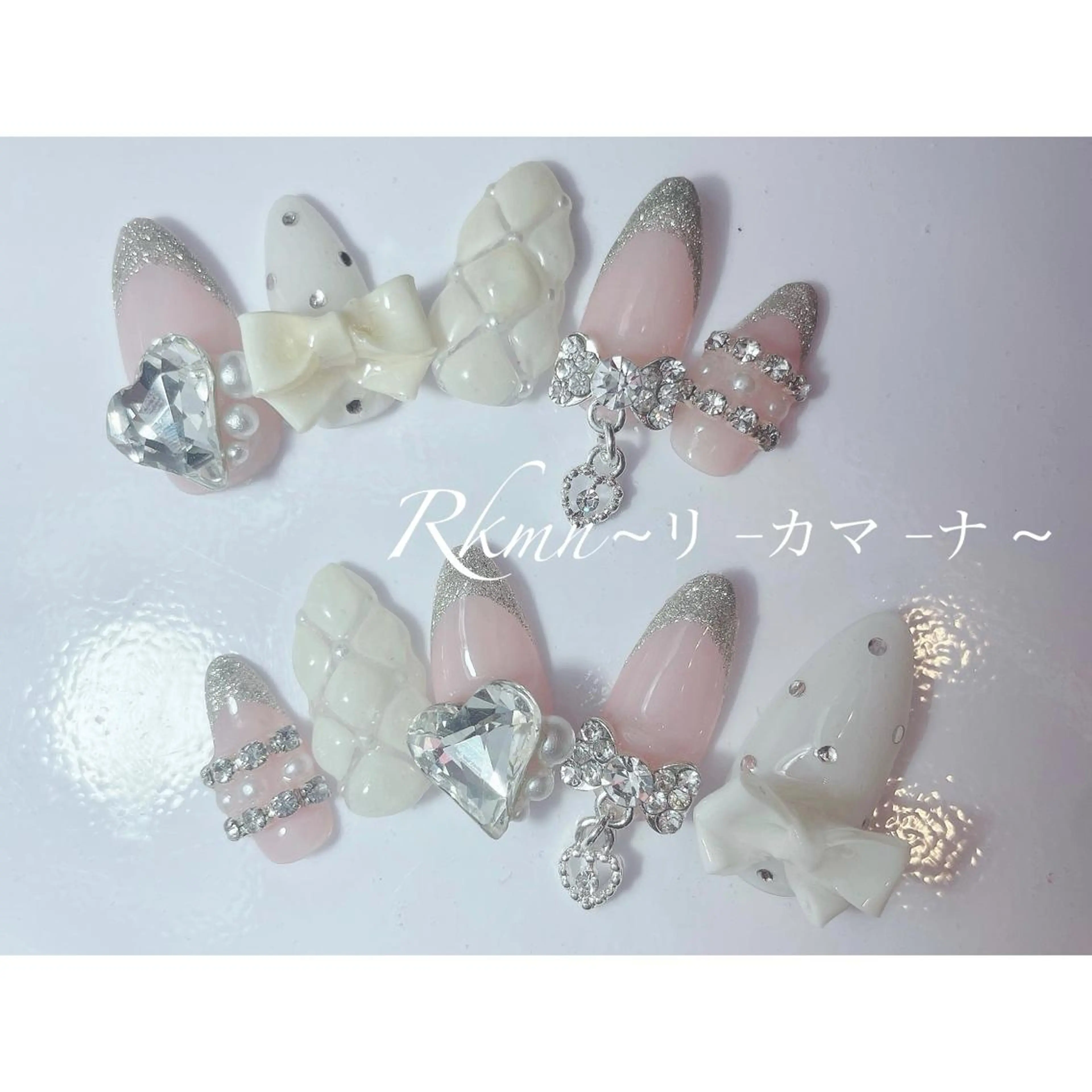 ネイル アートネイル フレンチネイル ハート ピンク リボン Rkmn ~リ-カマ-ナ~のネイルデザイン