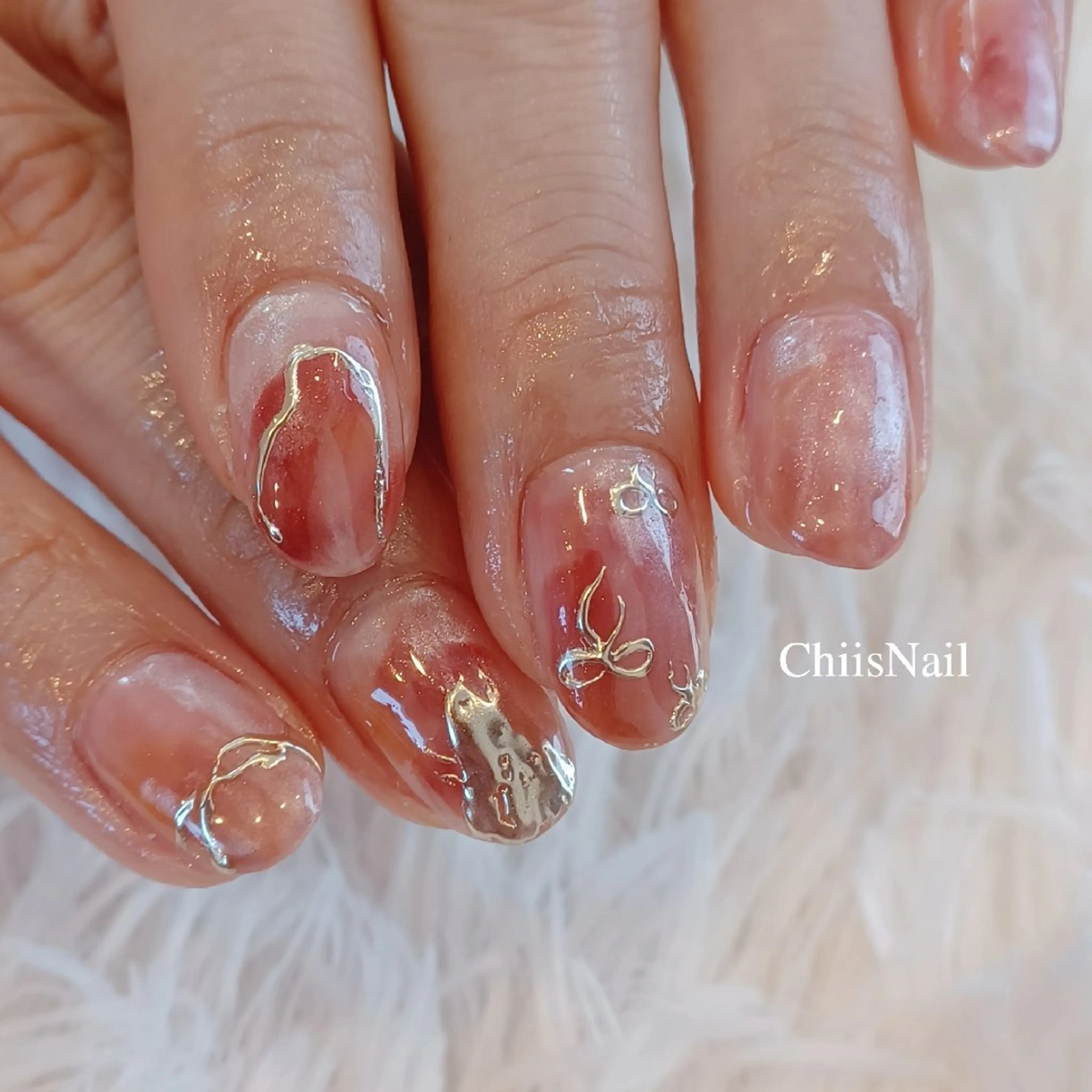 ネイル 氷ネイル・うるうるネイル オレンジ ピンク リボン ハンドネイル ChiisNail ﾁｨｽﾞﾈｲﾙのネイルデザイン