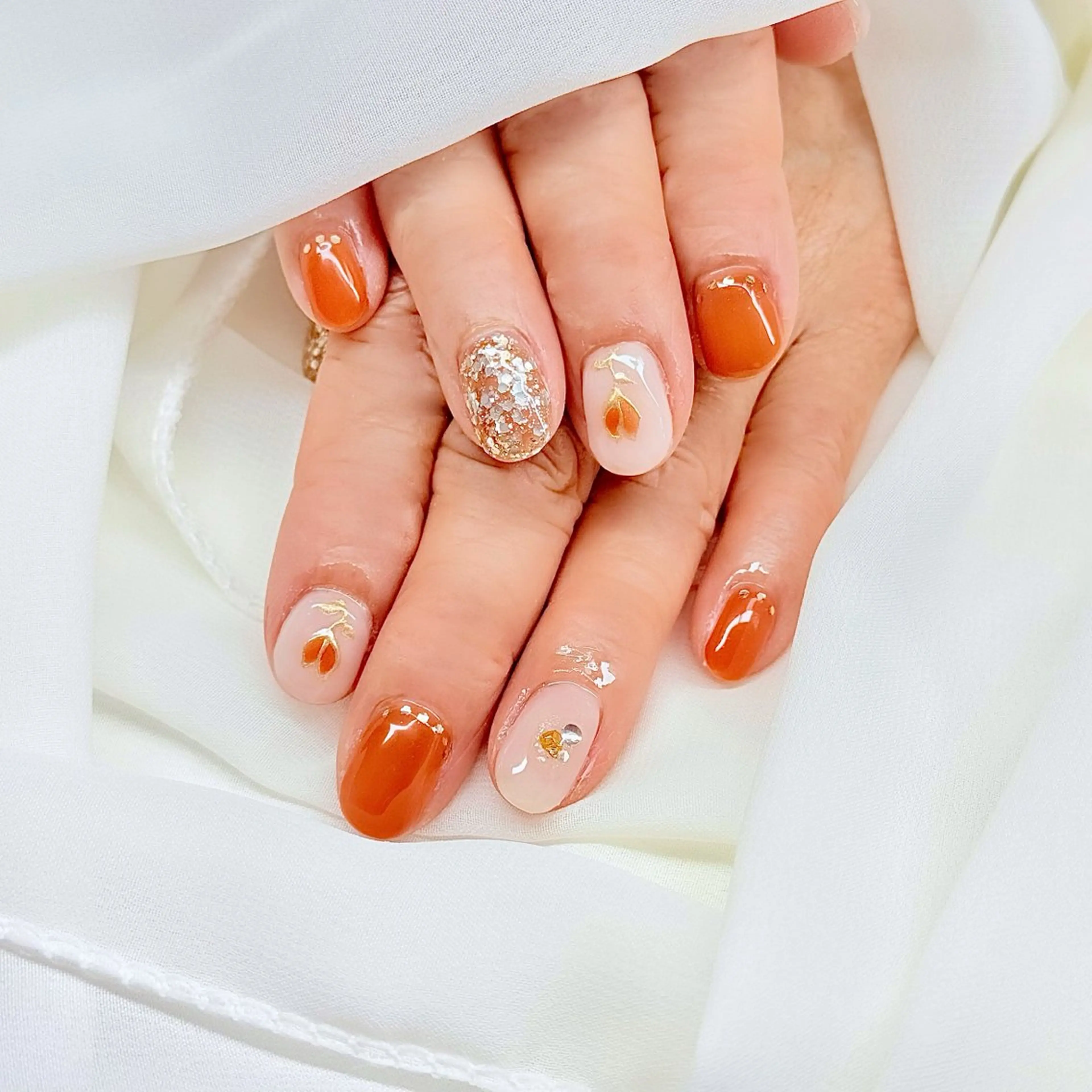 ネイル アートネイル ラメ(グリッター) オレンジ ハンドネイル flan ゆいのネイルデザイン