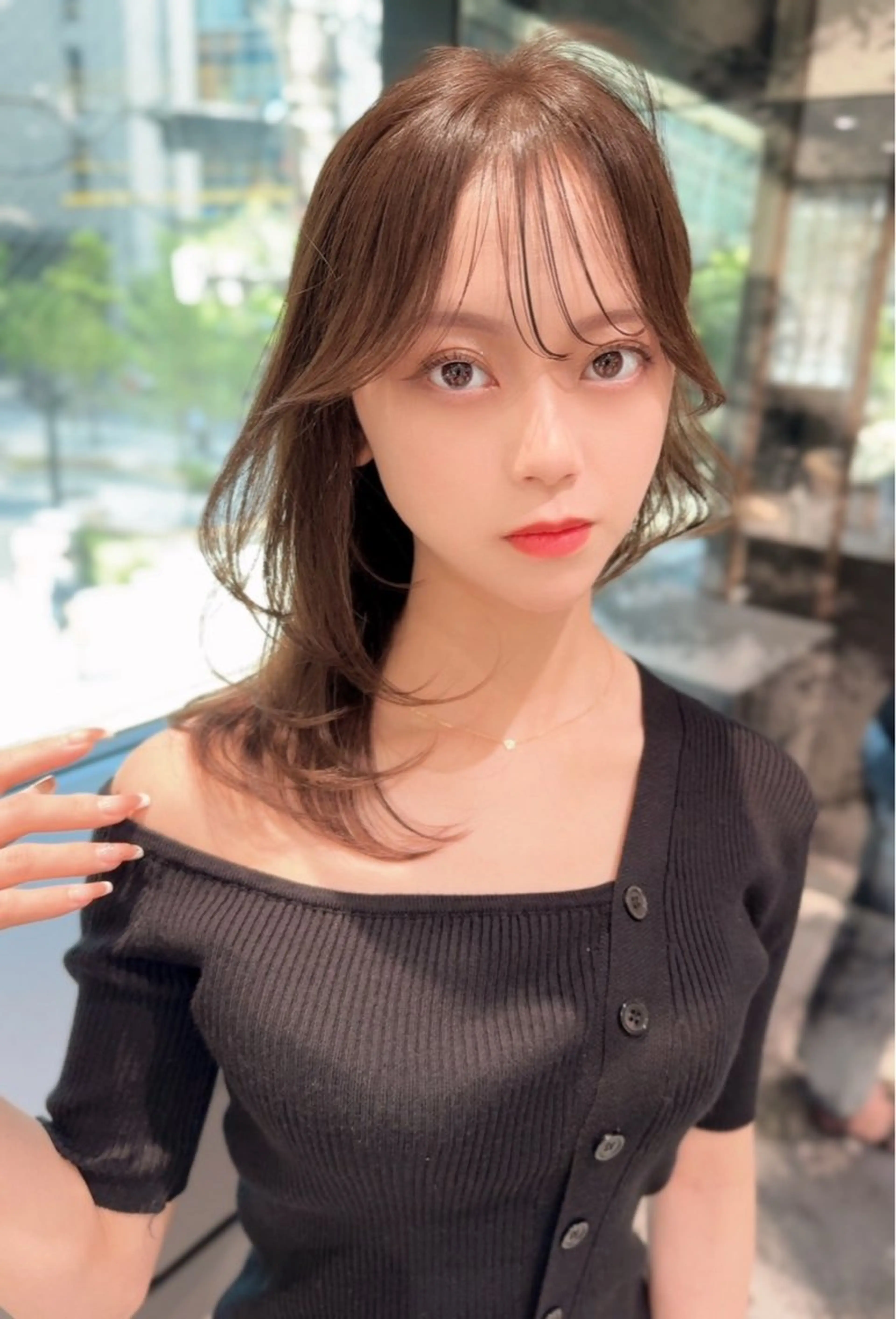 ミディアム カラー ベージュカラー 黒髪 ブリーチ ブルーカラー ブルーブラック カット ヘアカラー トリートメント 木屋元一/透明感 /前髪/ショートボブのヘアスタイル