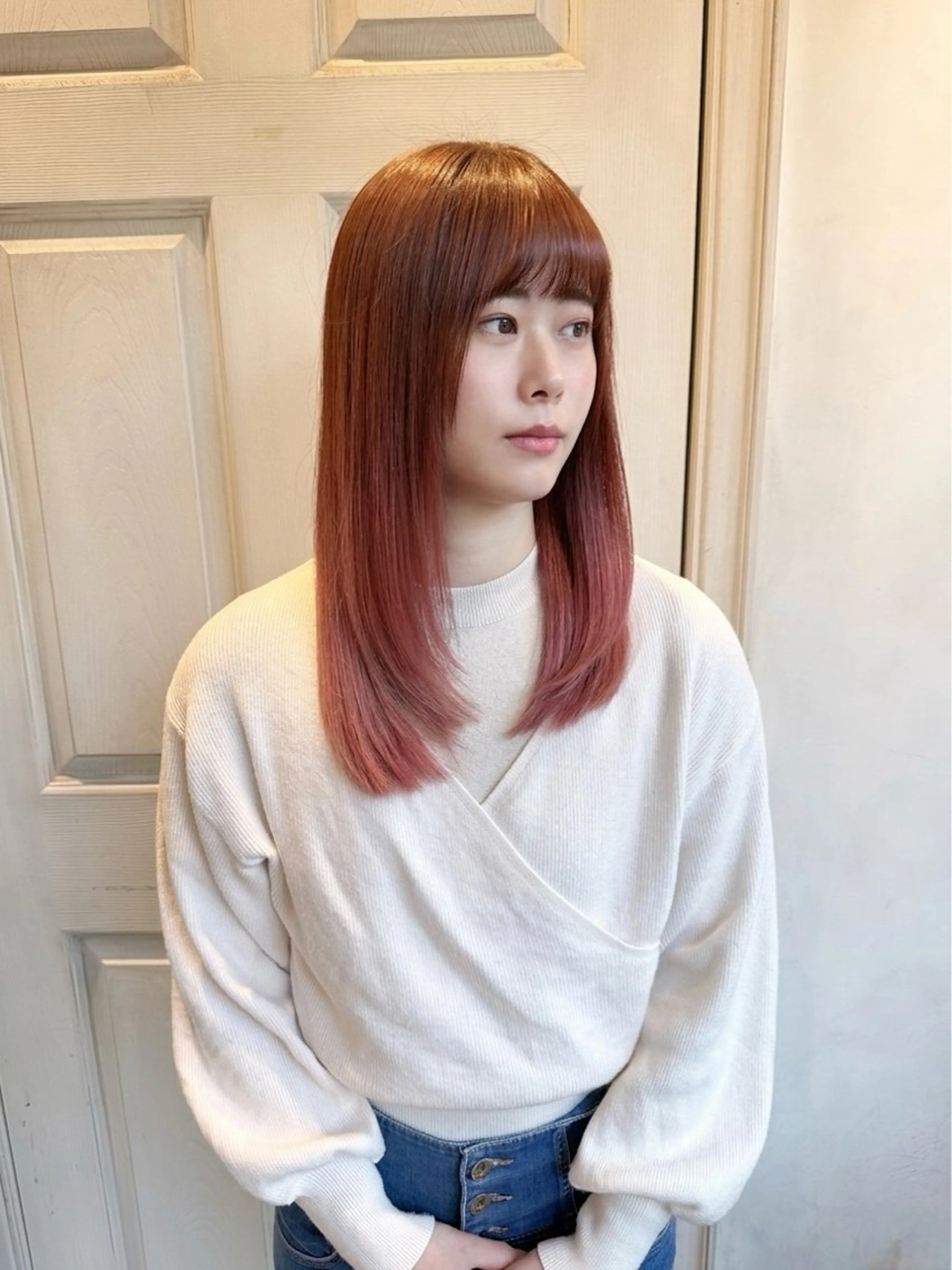 ロング カラー ベージュカラー グラデーションカラー ピンクカラー ピンクベージュ ヘアカラー トリートメント 千 田のヘアスタイル