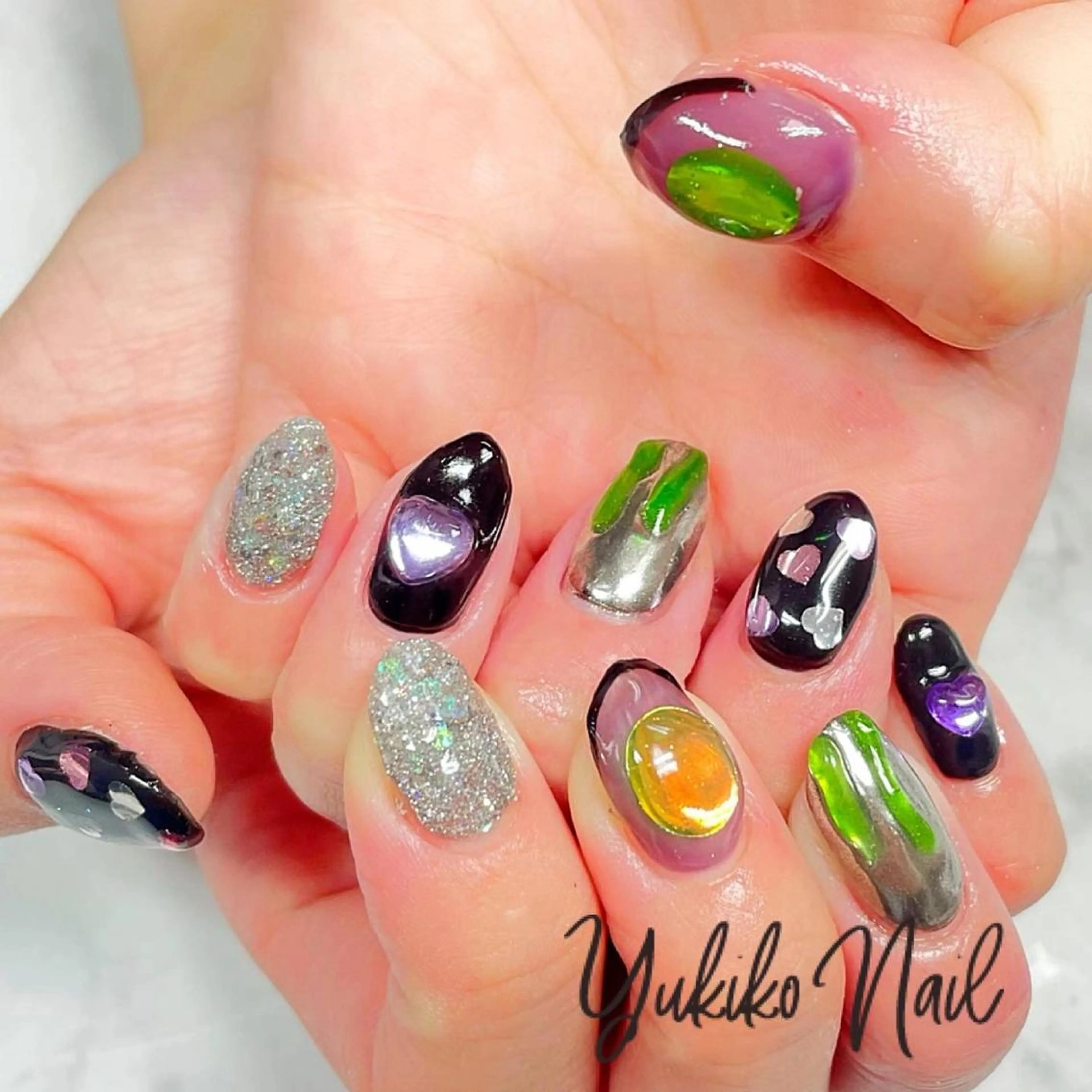 ネイル アートネイル フラッシュネイル グリーン ハート 持ち込み ハンドネイル ユキコ ネイルのネイルデザイン