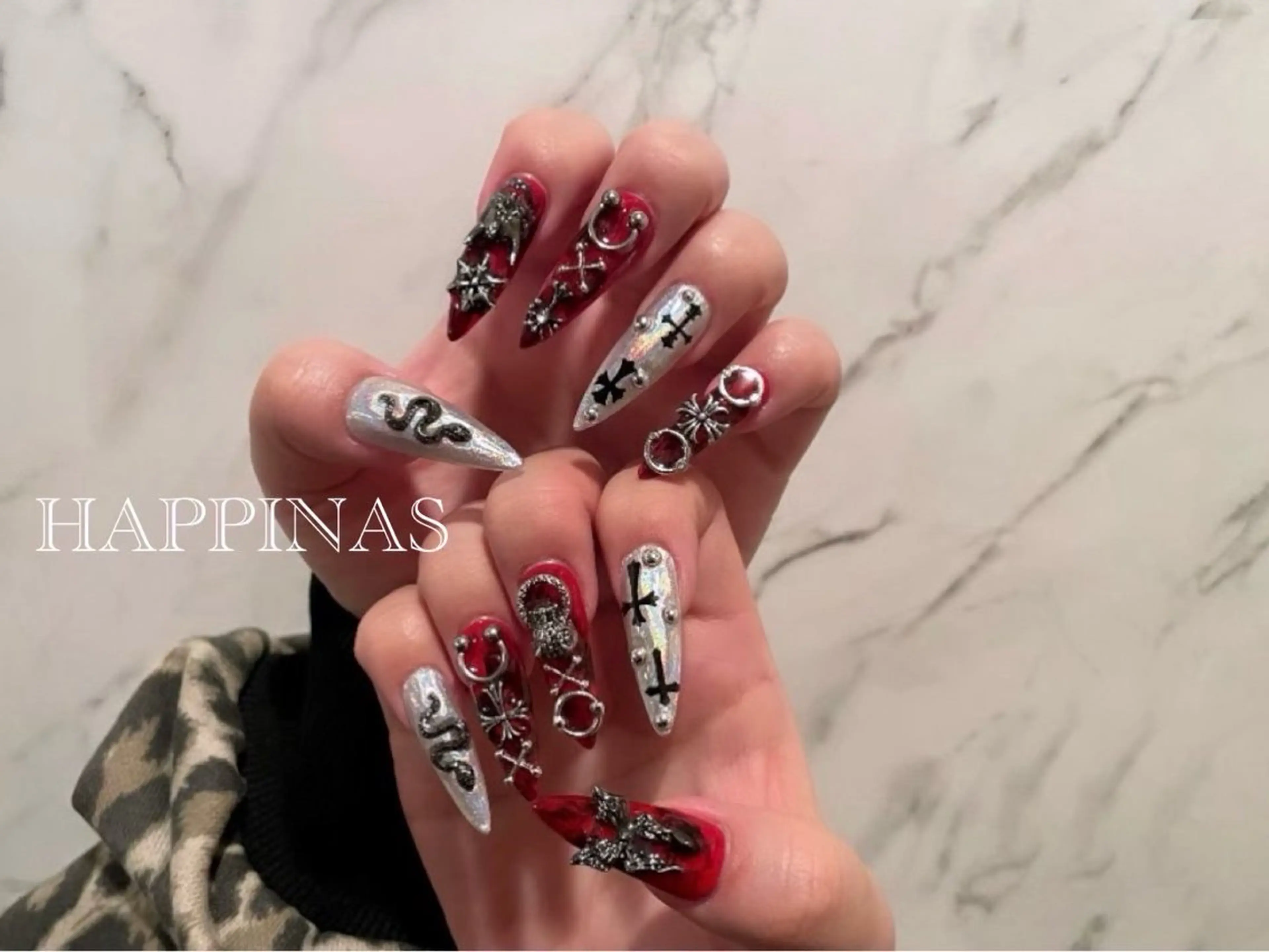 ネイル ロングネイル 大理石ネイル(マーブル) ミラーネイル スカルプネイル ハンドネイル HAPPINAS くるみのネイルデザイン