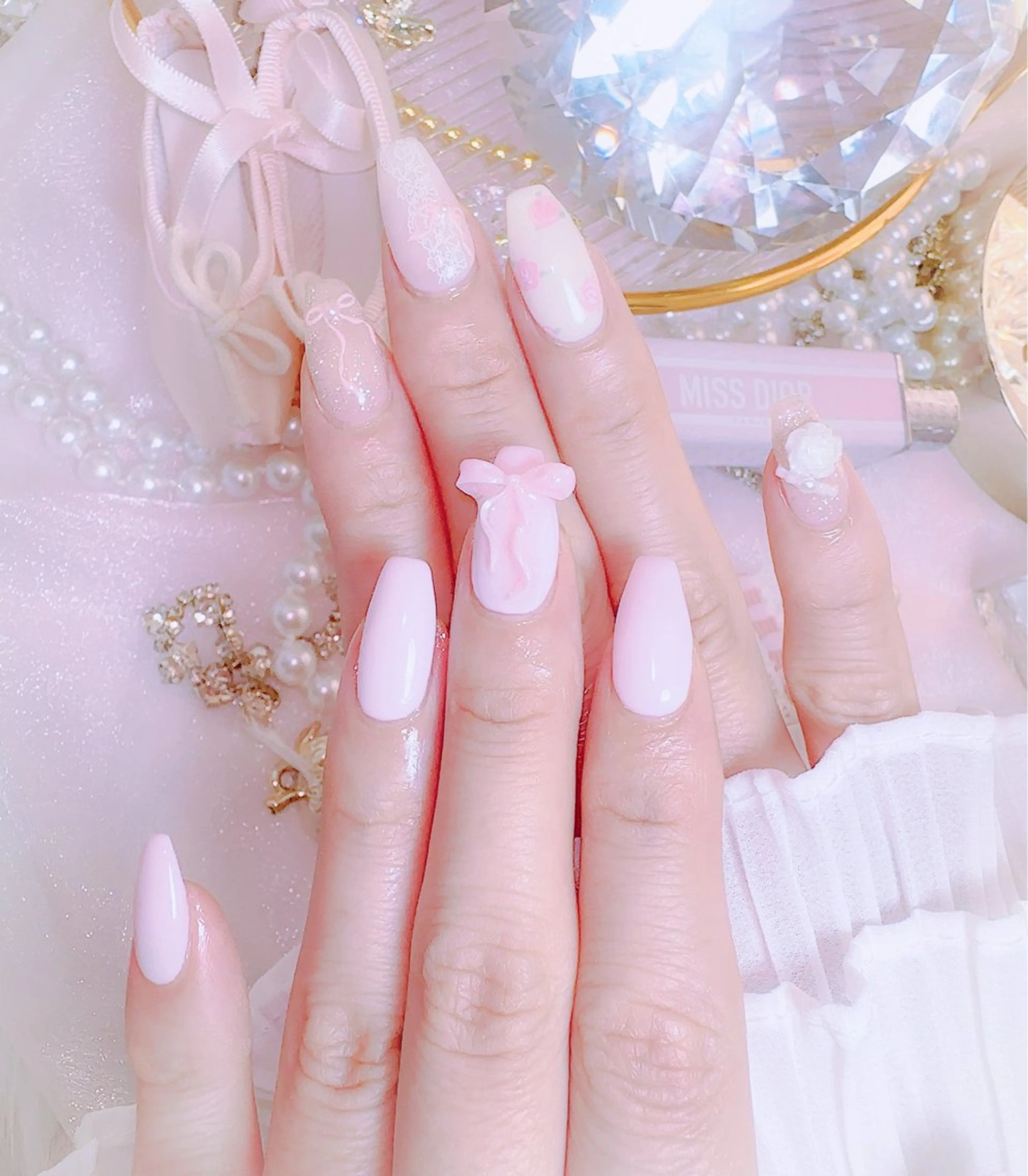 ネイル 韓国ネイル ピンク リボン 夏ネイル ワンホン、かわいい系 🎀ななみのネイルデザイン