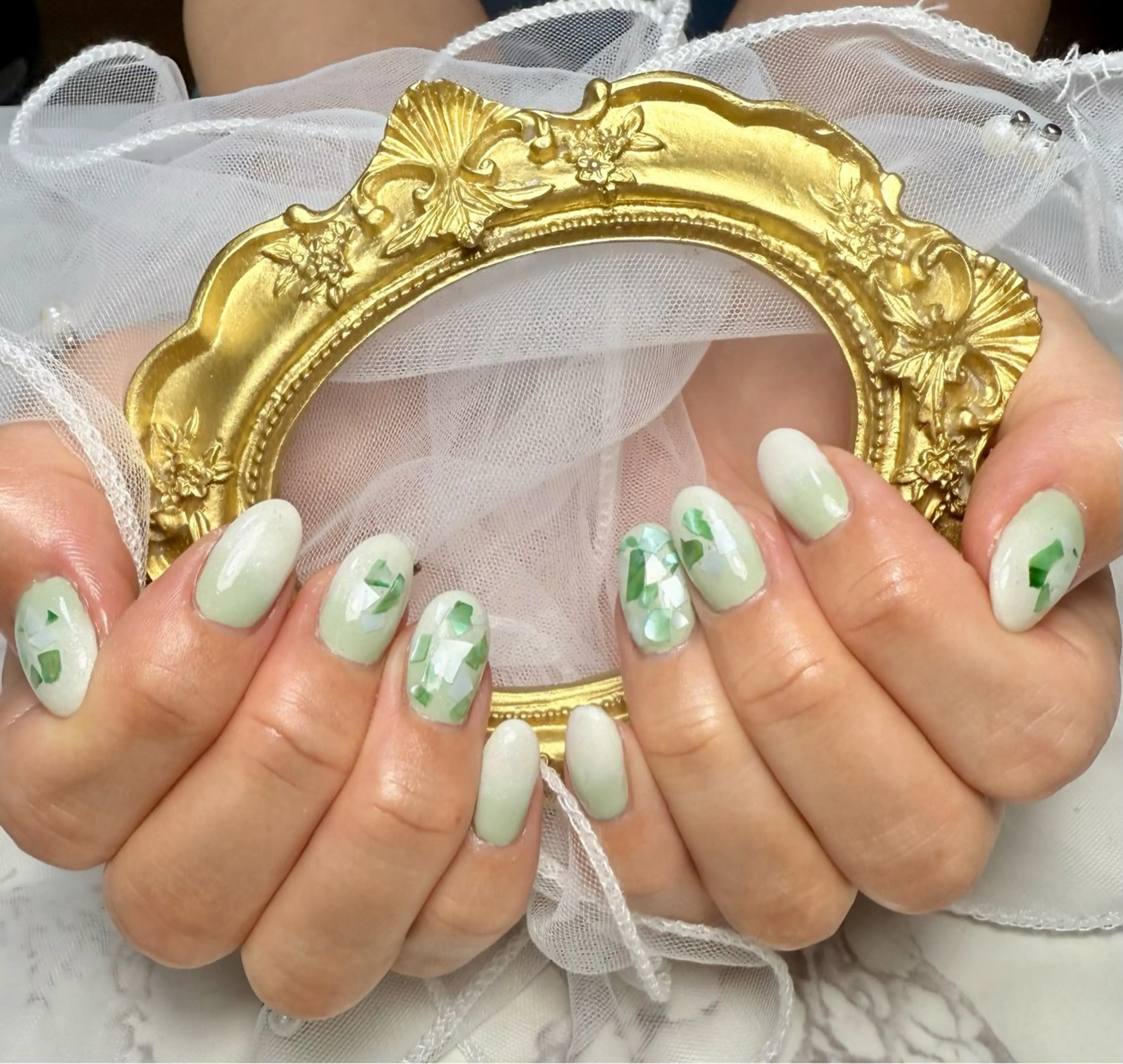 ネイル アートネイル フレンチネイル ガラスフレンチ 氷ネイル・うるうるネイル キラキラネイル M.N_ nailのネイルデザイン