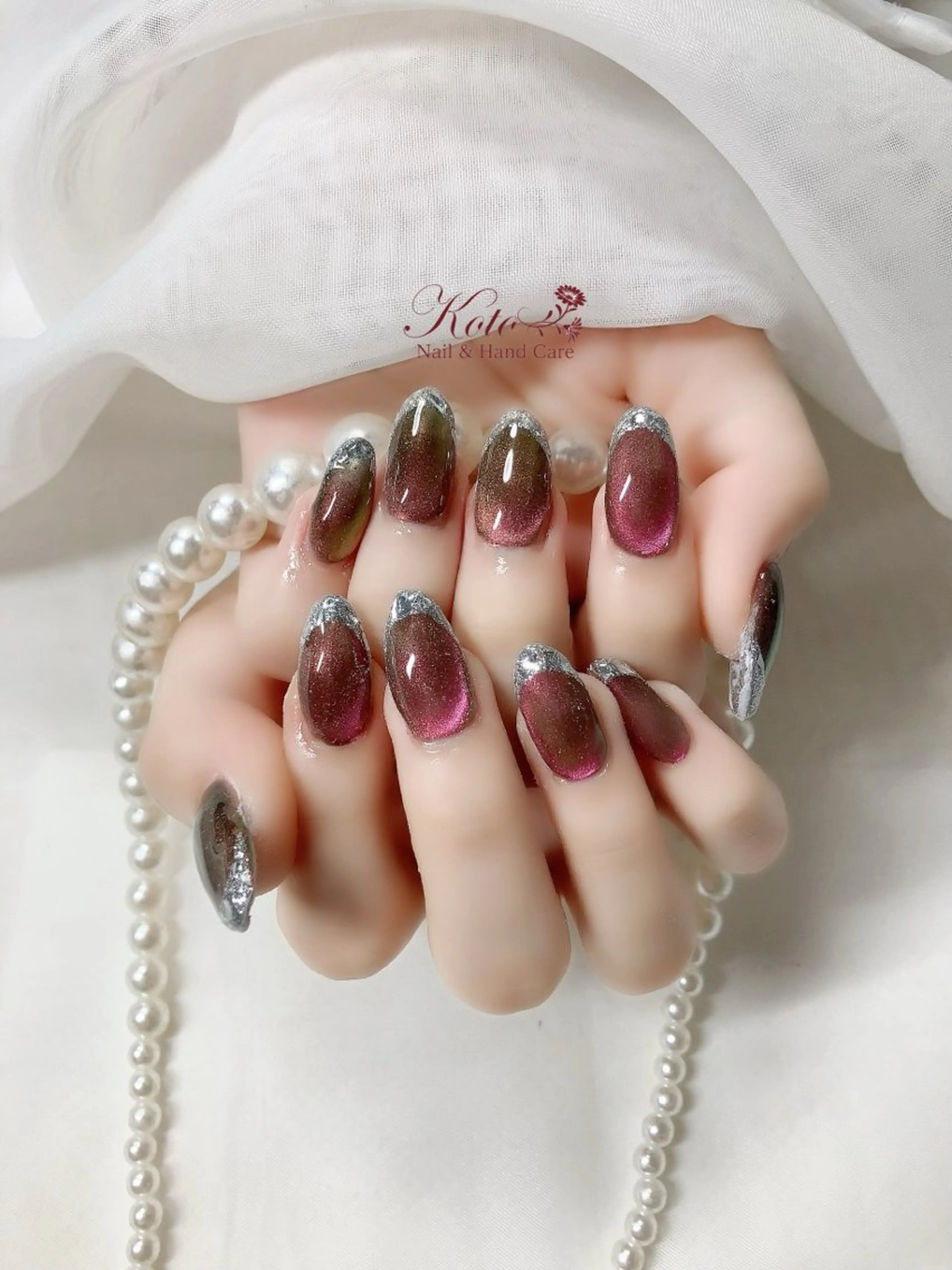 ネイル 長さ出し フレンチネイル ジェルネイル ガラスフレンチ ラメ(グリッター) ハンドネイル Nail Salon KOTOのネイルデザイン