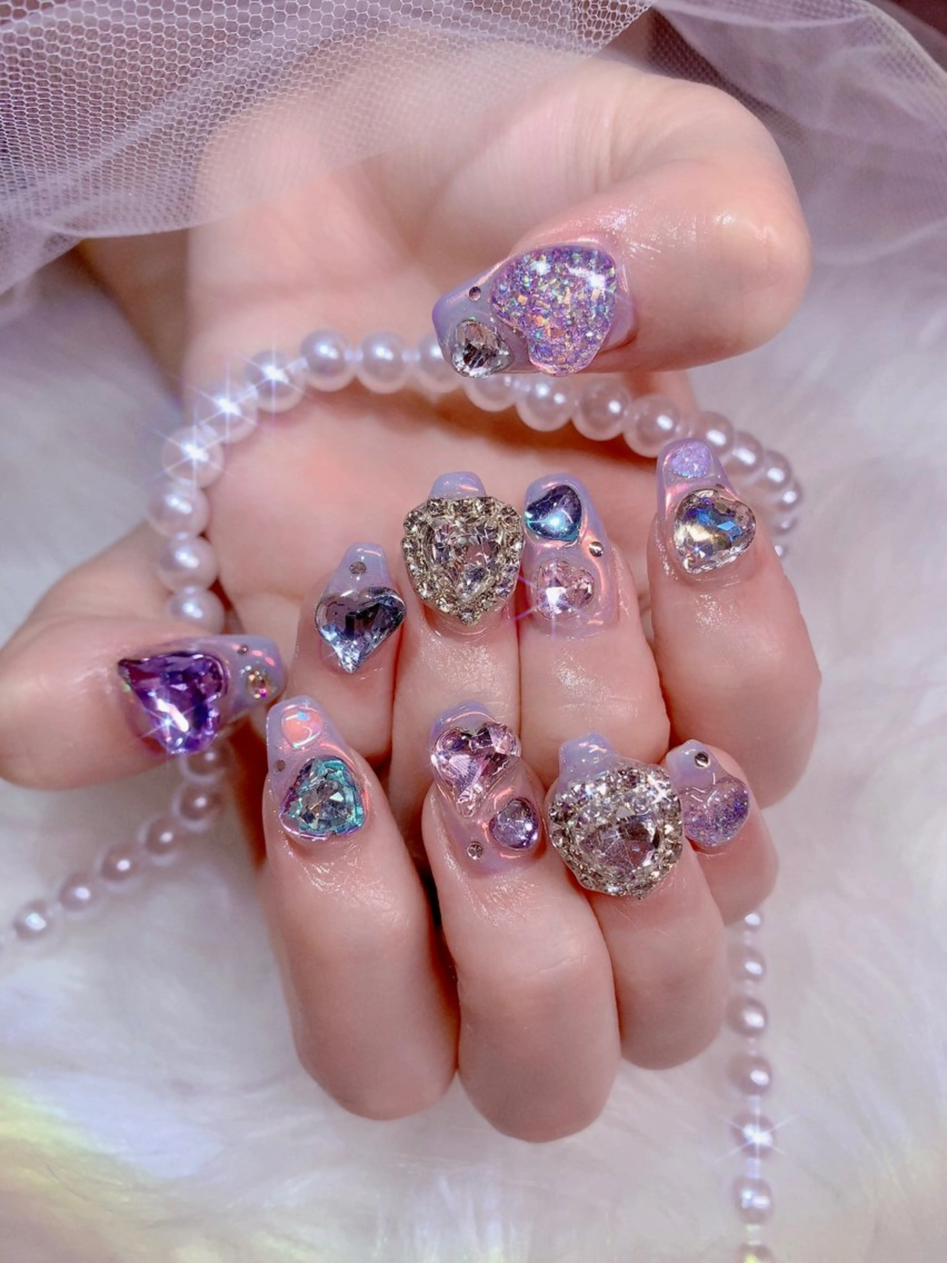 ネイル アートネイル オーロラネイル 氷ネイル・うるうるネイル キラキラネイル 韓国ネイル ハンドネイル シェアサロンLei.g(レイジー)所属・3Dアートネイル💗 都築レナのネイルデザイン