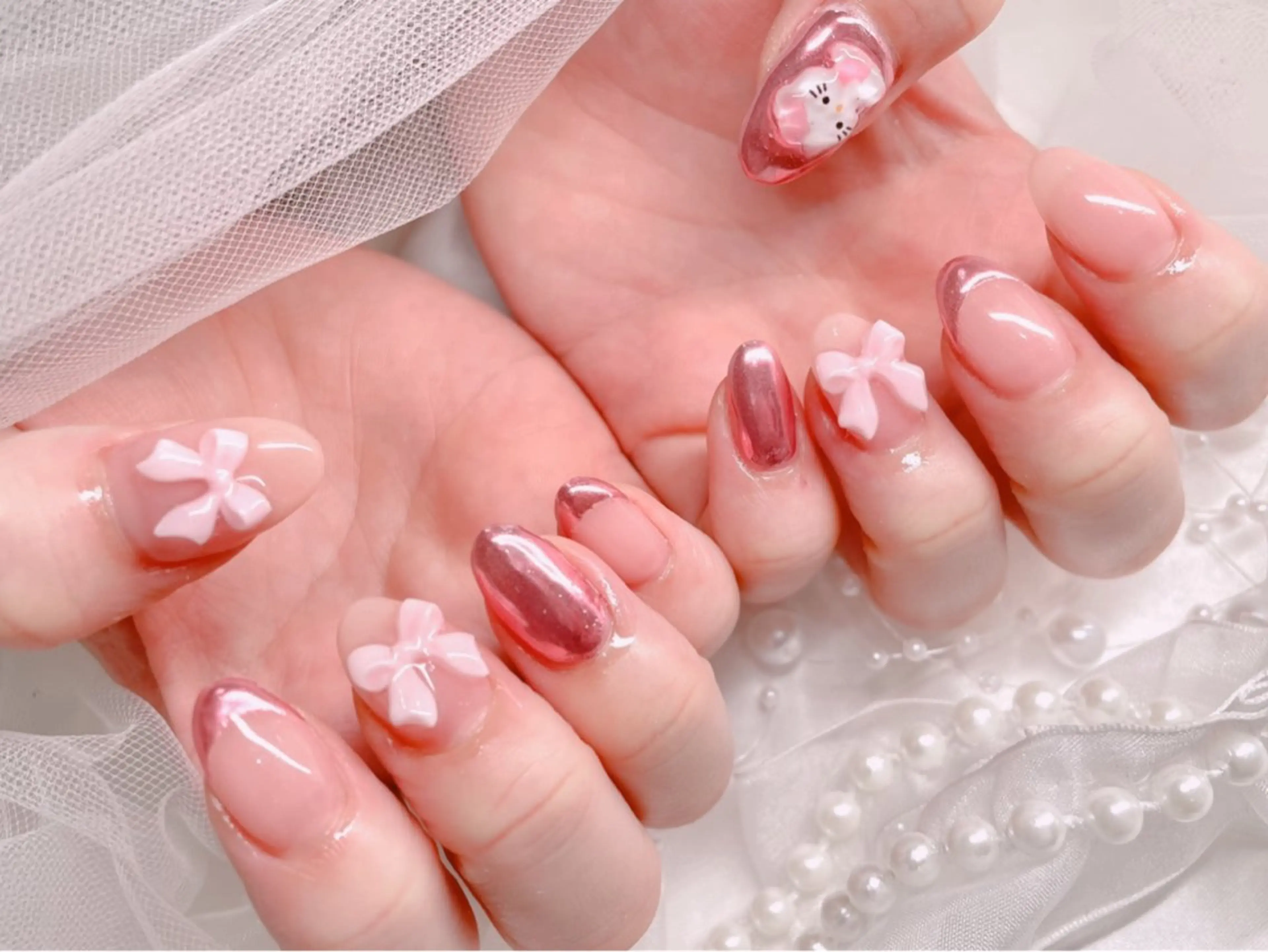 ネイル フレンチネイル ミラーネイル ピンク 春ネイル ハンドネイル ゆりか ジョアアンジェ福島のネイルデザイン