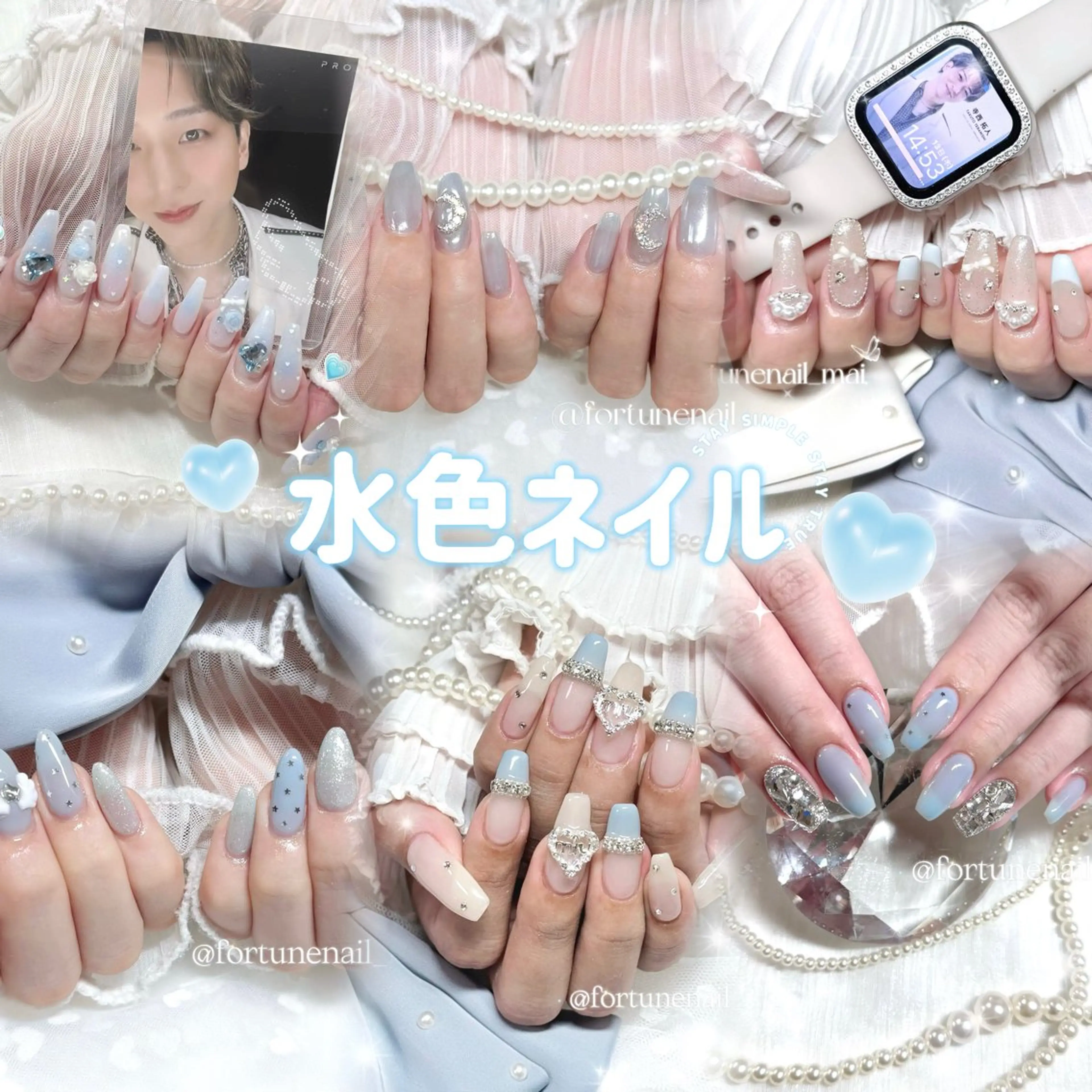 ネイル 水色 ハンドネイル 🎀Mai 🎀4/23空✩.*のネイルデザイン