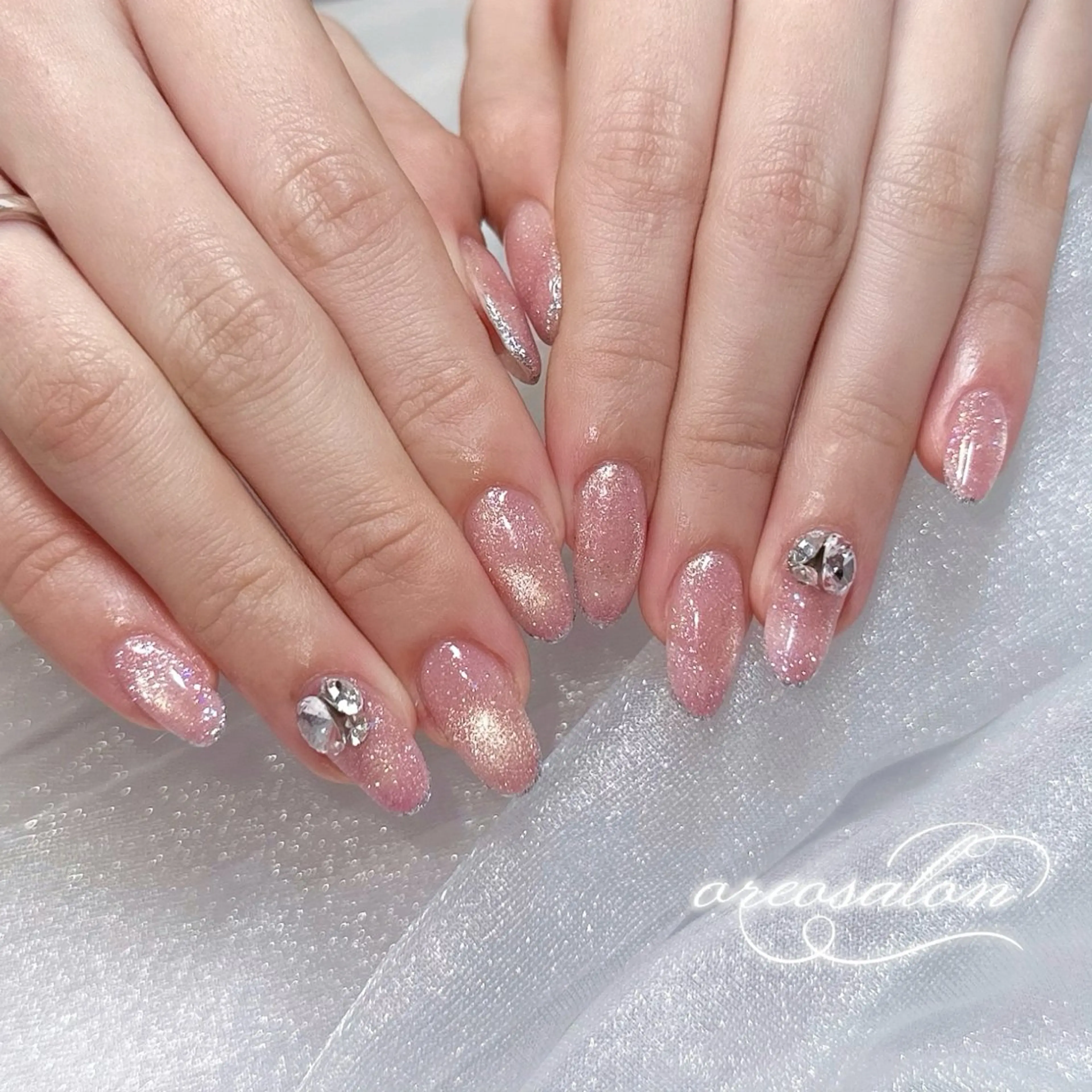 ネイル フレンチネイル キラキラネイル マグネットネイル ピンク 春ネイル oreo salon miyu 池袋のネイルデザイン