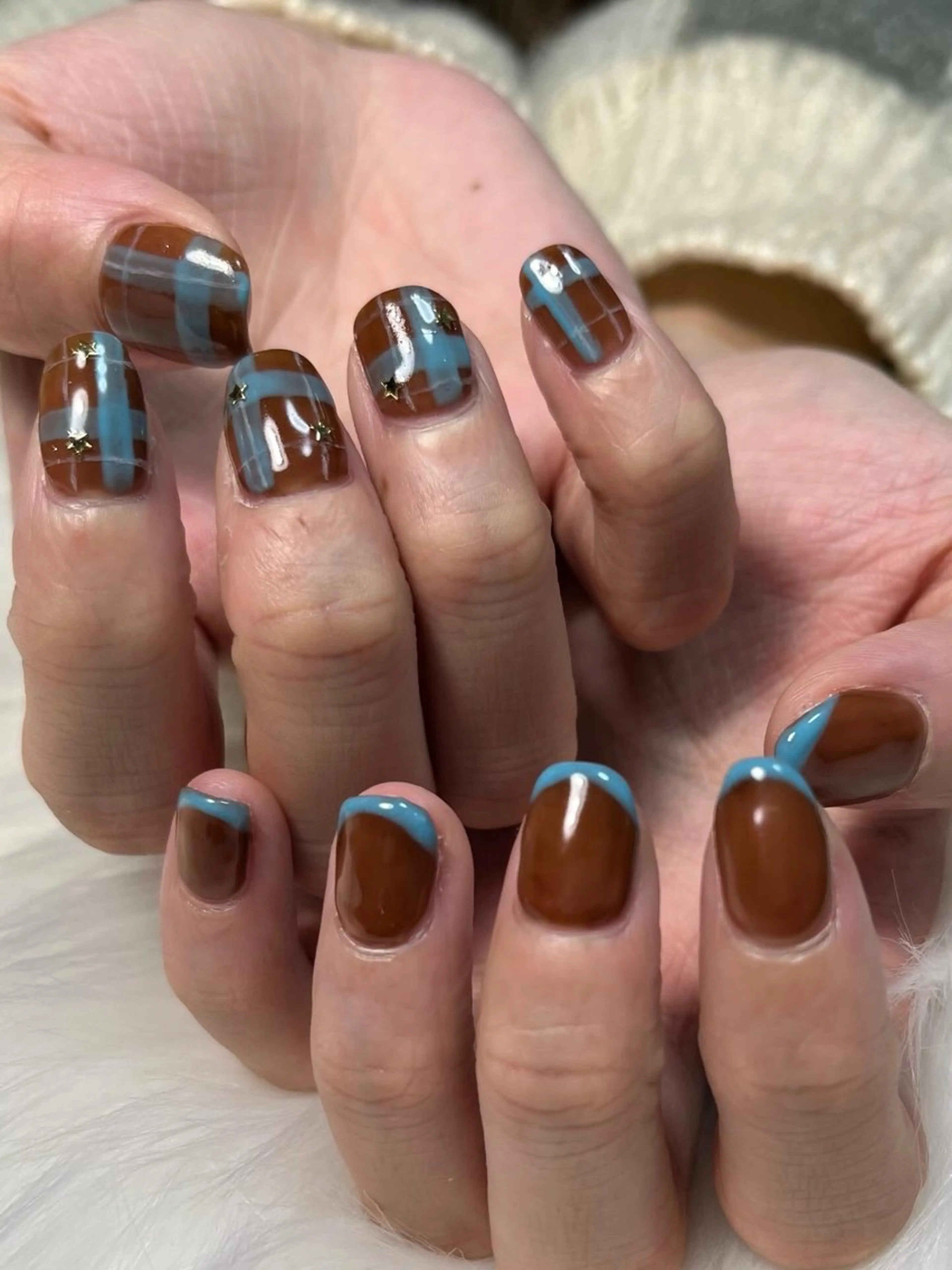 ネイル ブルー ブラウン フレンチネイル 冬ネイル フットネイル Nail salon Hanakoのネイルデザイン