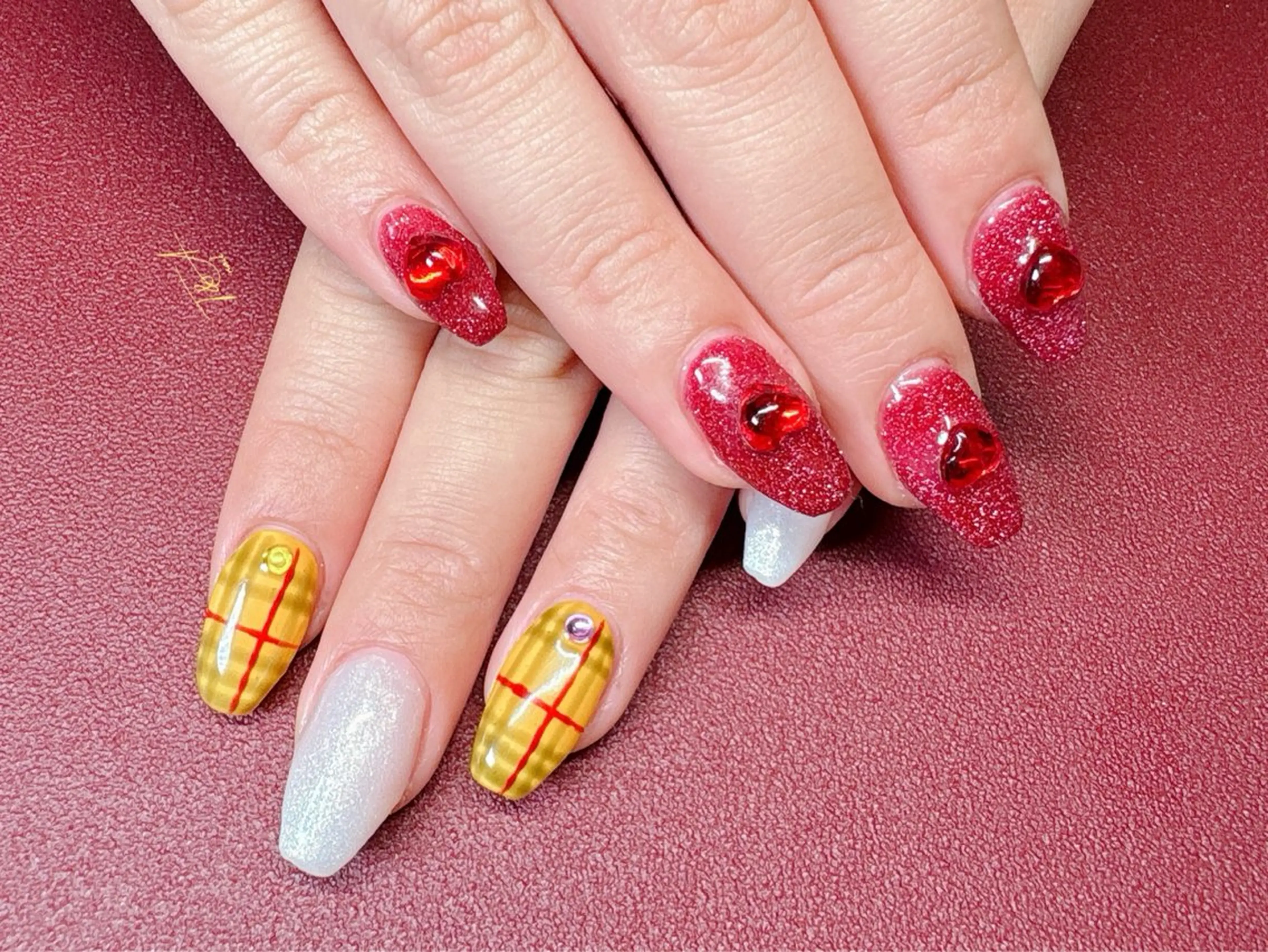 ネイル 長さ出し フラッシュネイル ジェルネイル ハート 赤色 ハンドネイル T&A nailのネイルデザイン