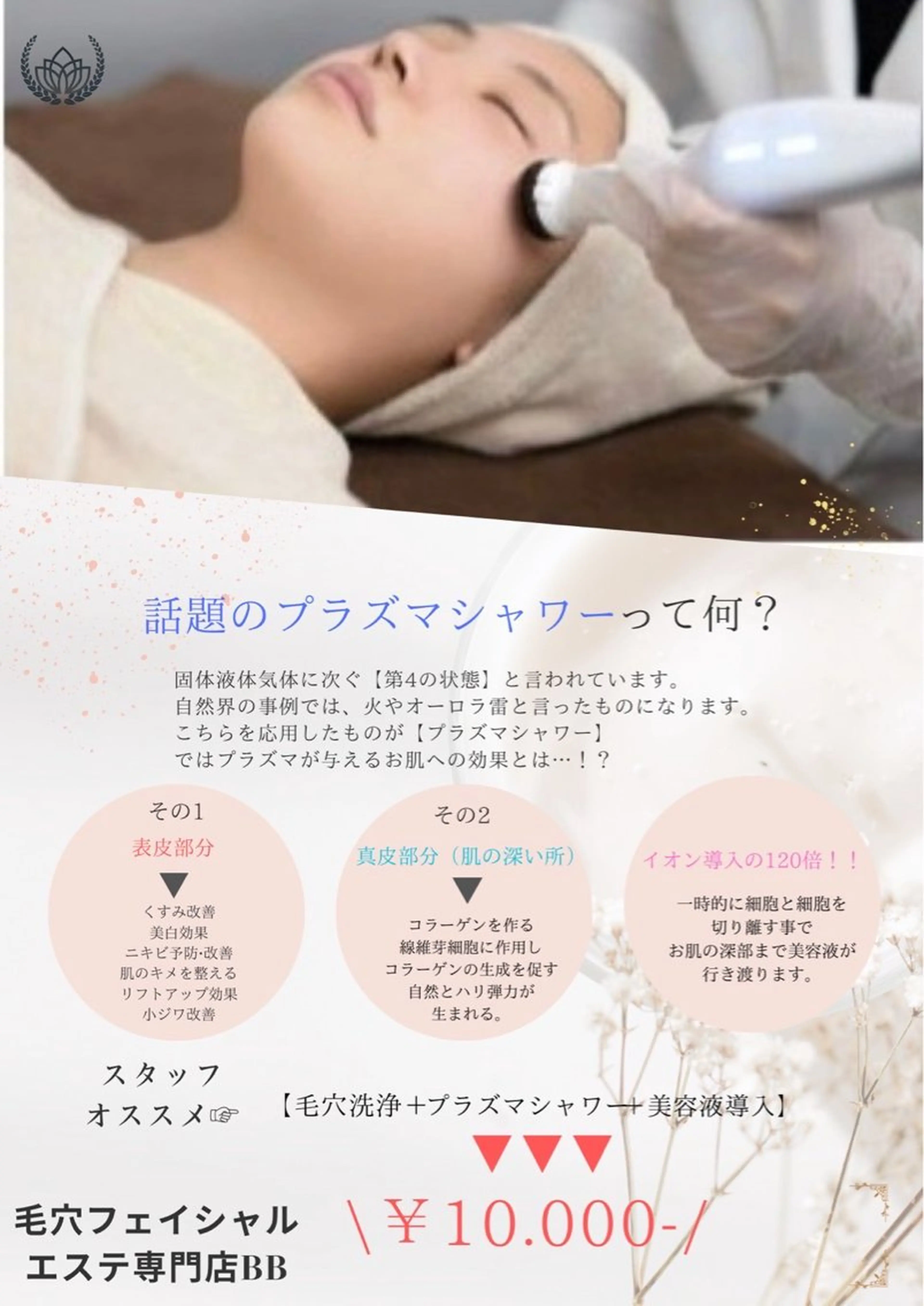 オススメ【毛穴洗浄＋プラズマシャワー＋導入】肌弾力UP！もっちりシワ改善の写真