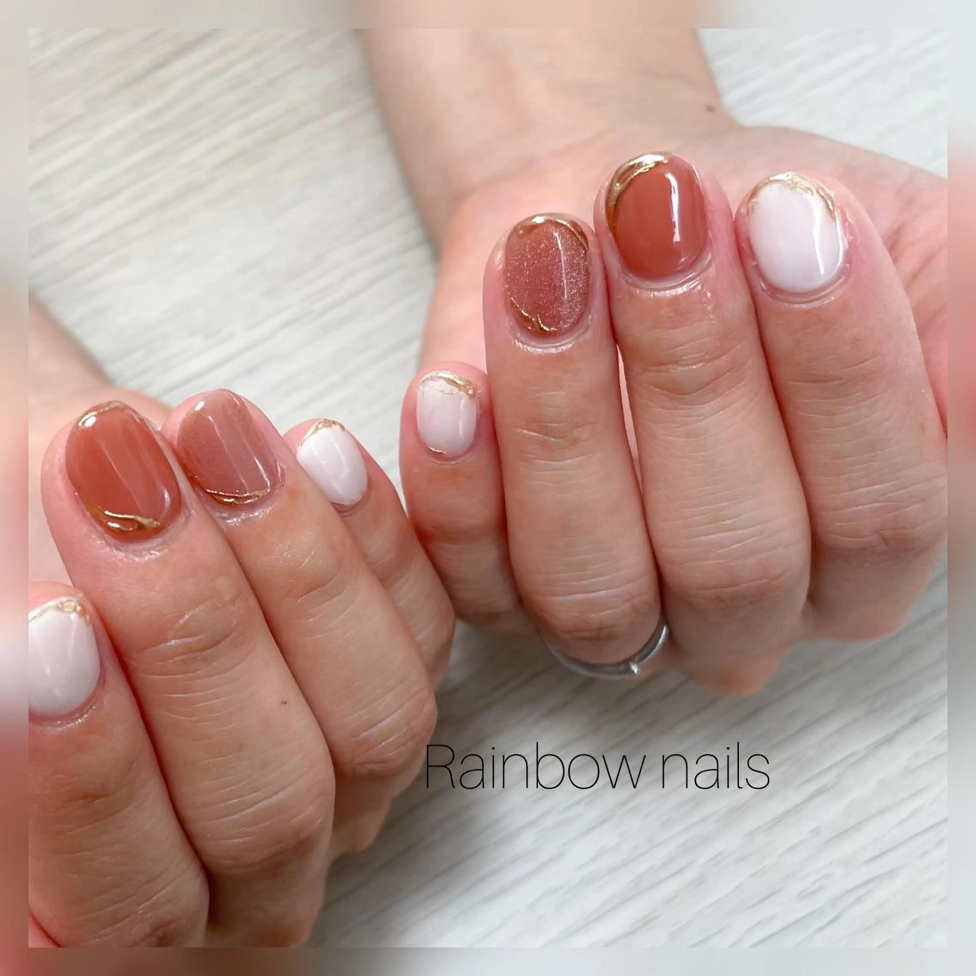 ネイル ブラウン ミラーネイル オレンジ Rainbow nailsくろちゃんのネイルデザイン